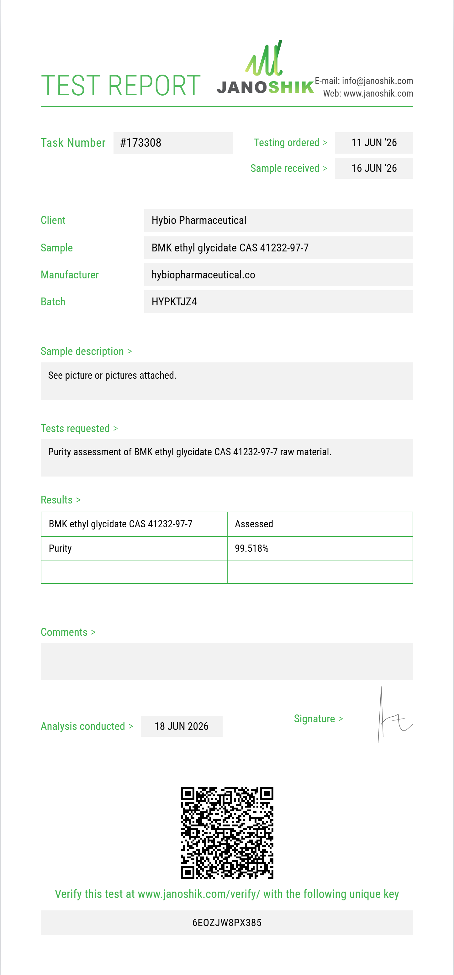 BMK ethyl glycidate CAS 41232-97-7 Purity (HPLC) report by Janoshik Analytical