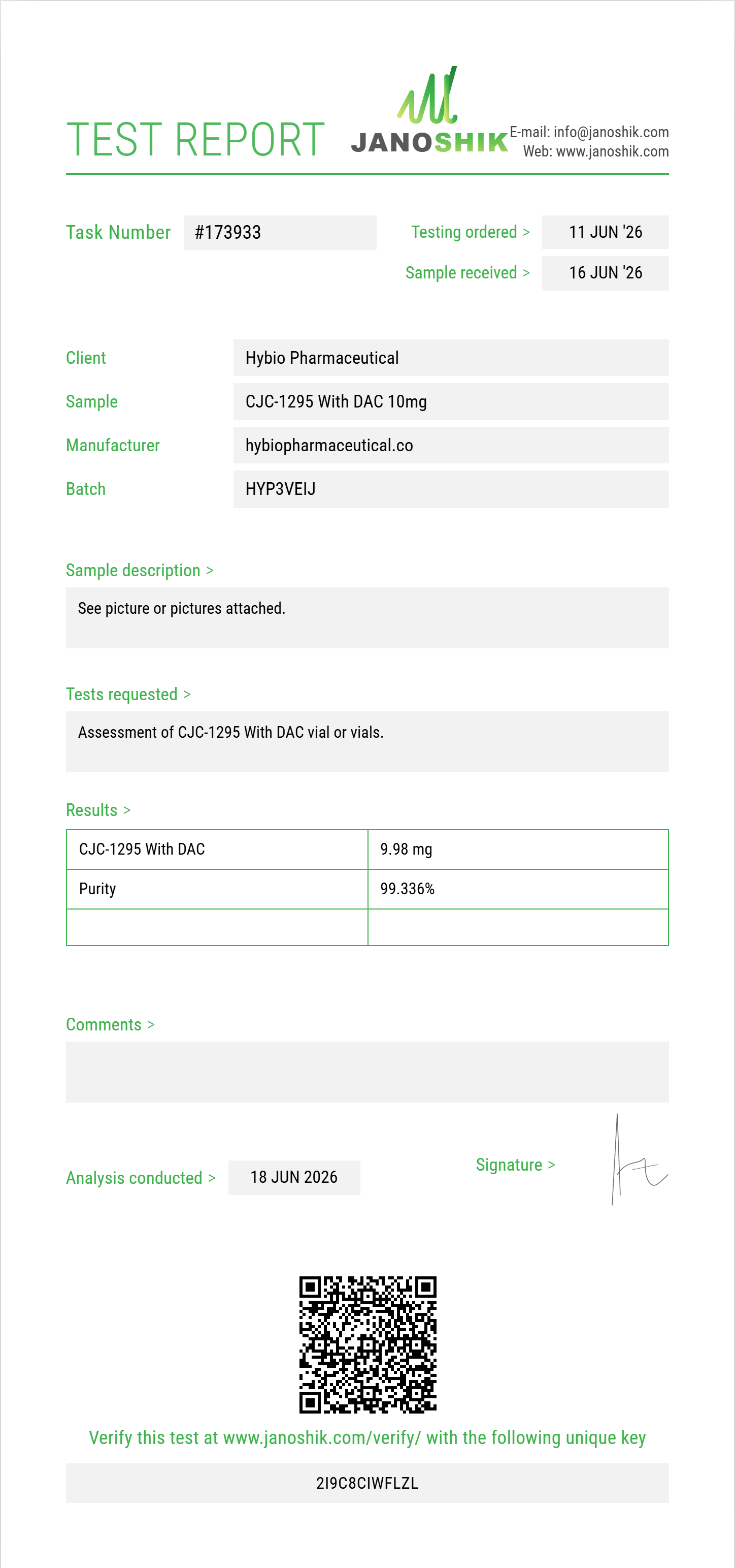 CJC-1295 With DAC Purity (HPLC) report by Janoshik Analytical