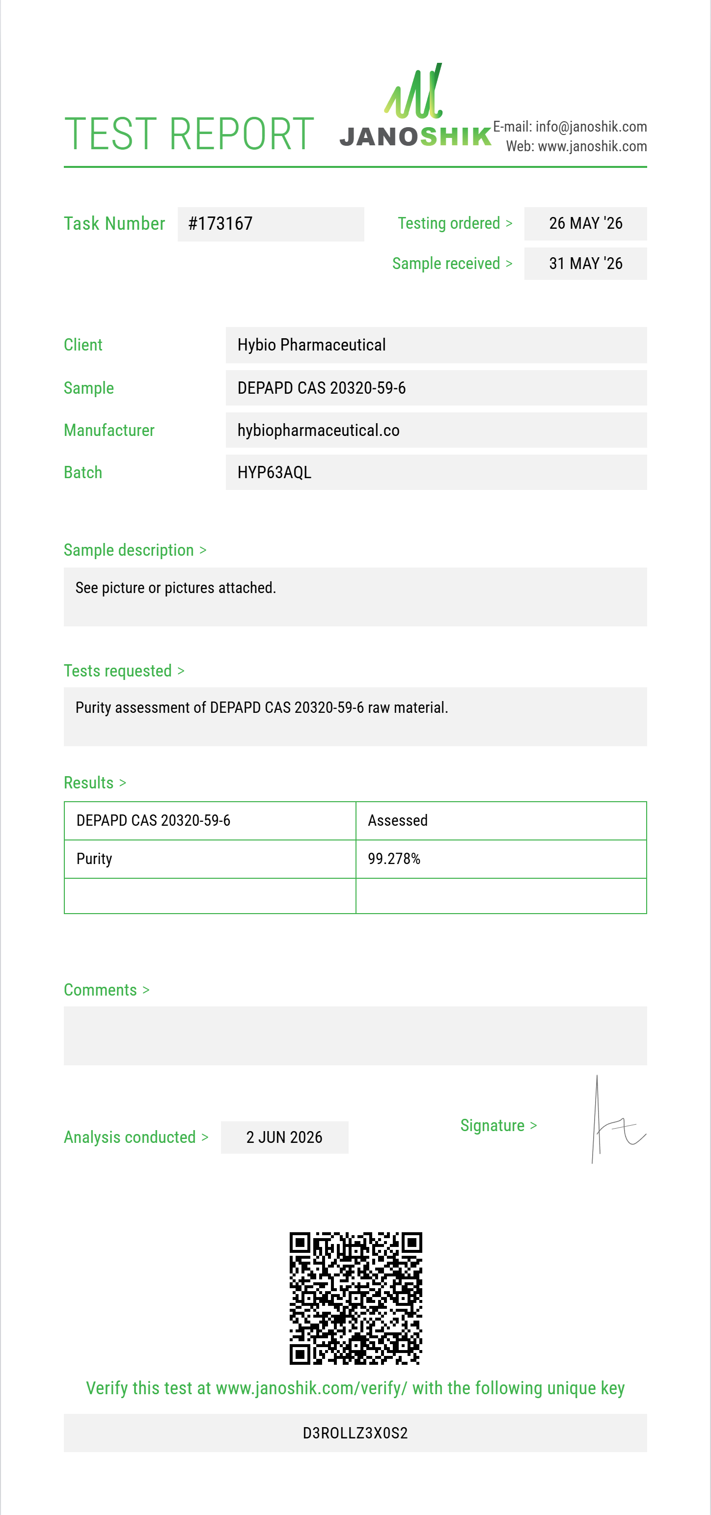DEPAPD (diethyl phenylacetylpropanedioate) CAS 20320-59-6 Purity (HPLC) report by Janoshik Analytical