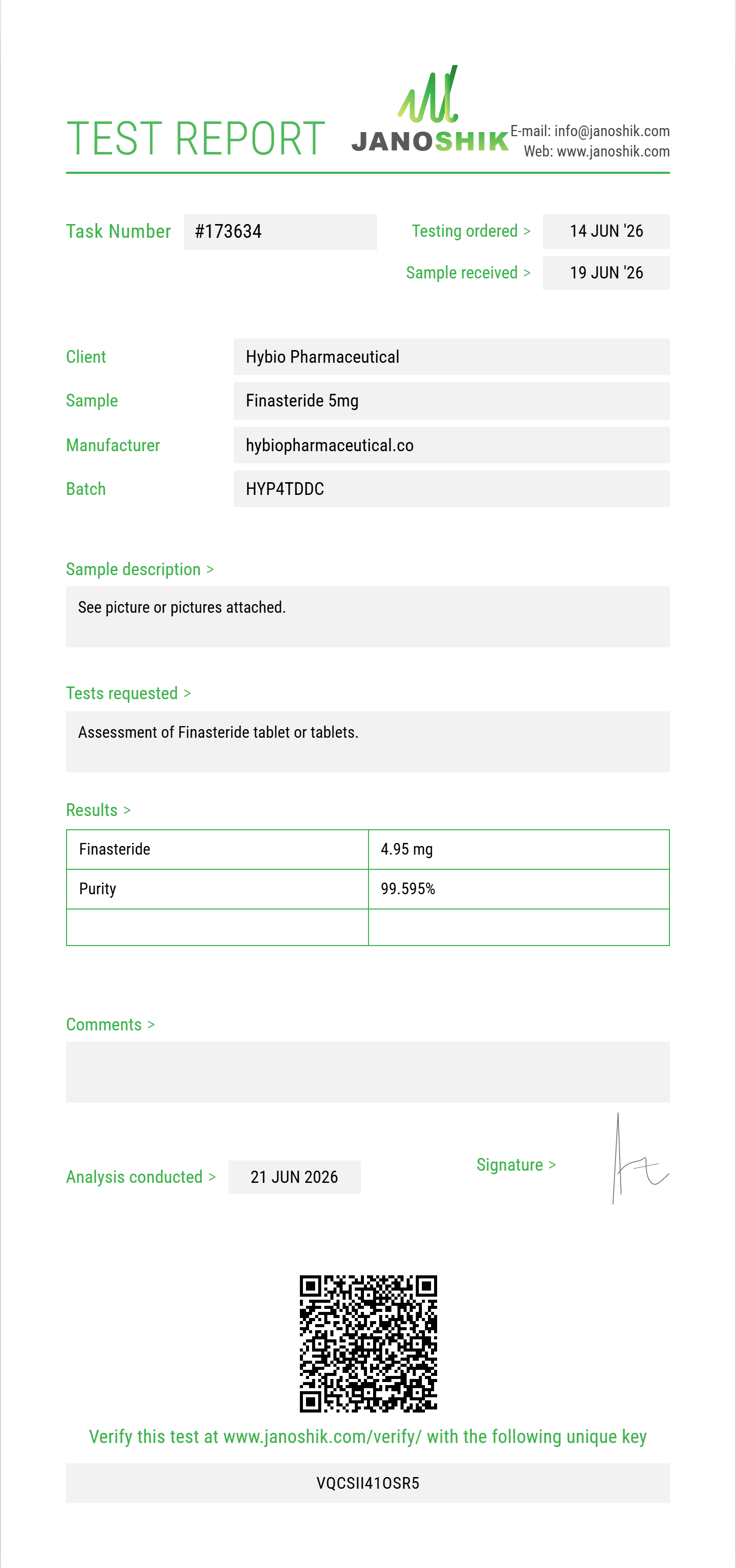 Finasteride Purity (HPLC) report by Janoshik Analytical