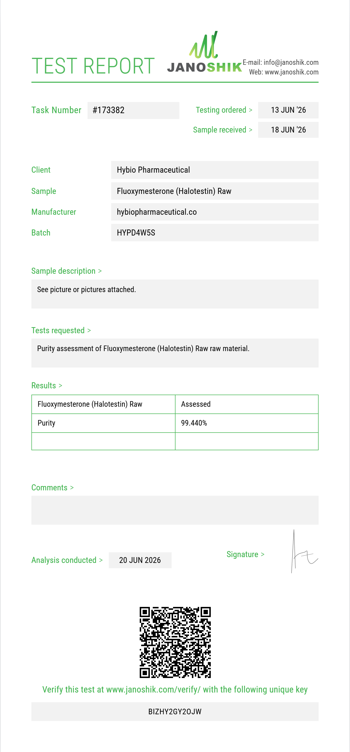 Fluoxymesterone (Halotestin) Raw Purity (HPLC) report by Janoshik Analytical