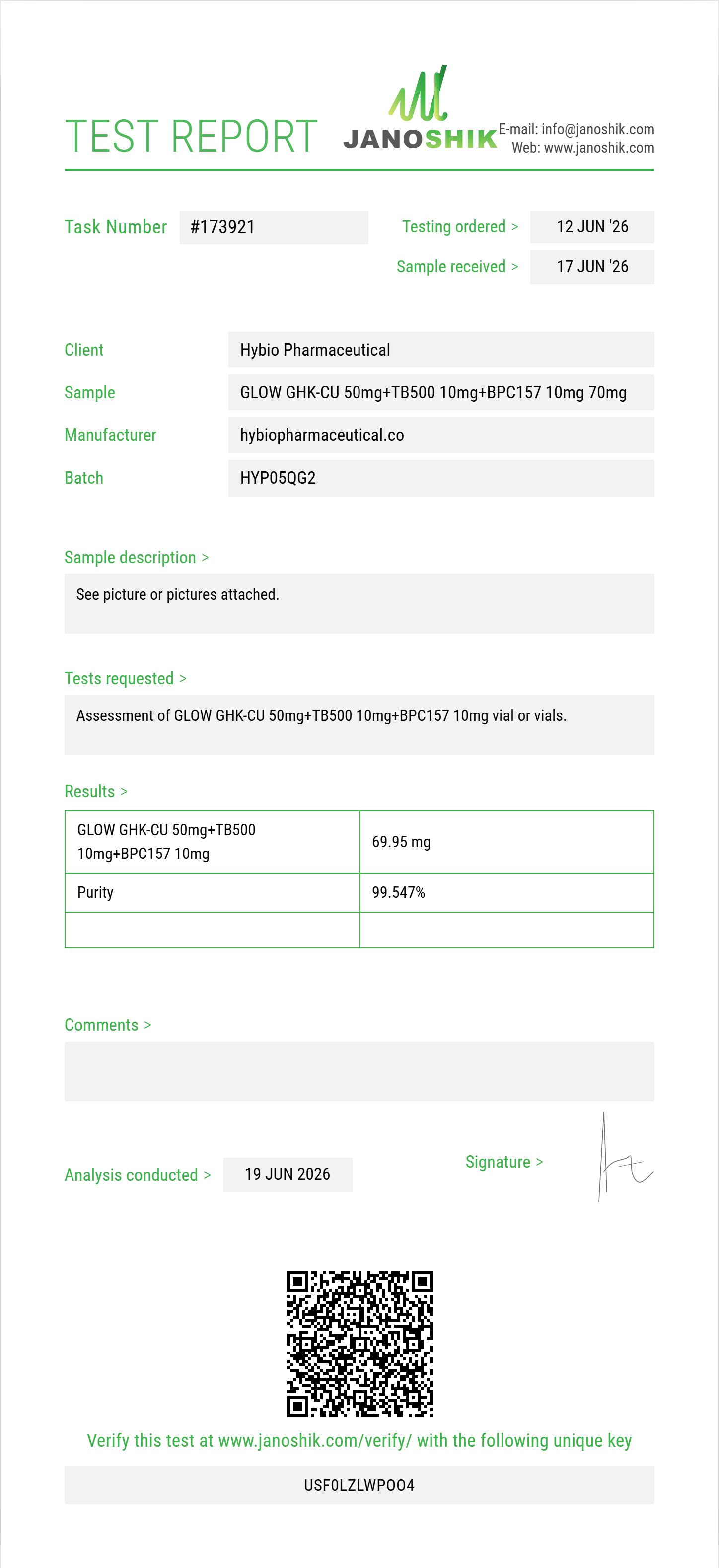 GLOW GHK-CU 50mg+TB500 10mg+BPC157 10mg Purity (HPLC) report by Janoshik Analytical