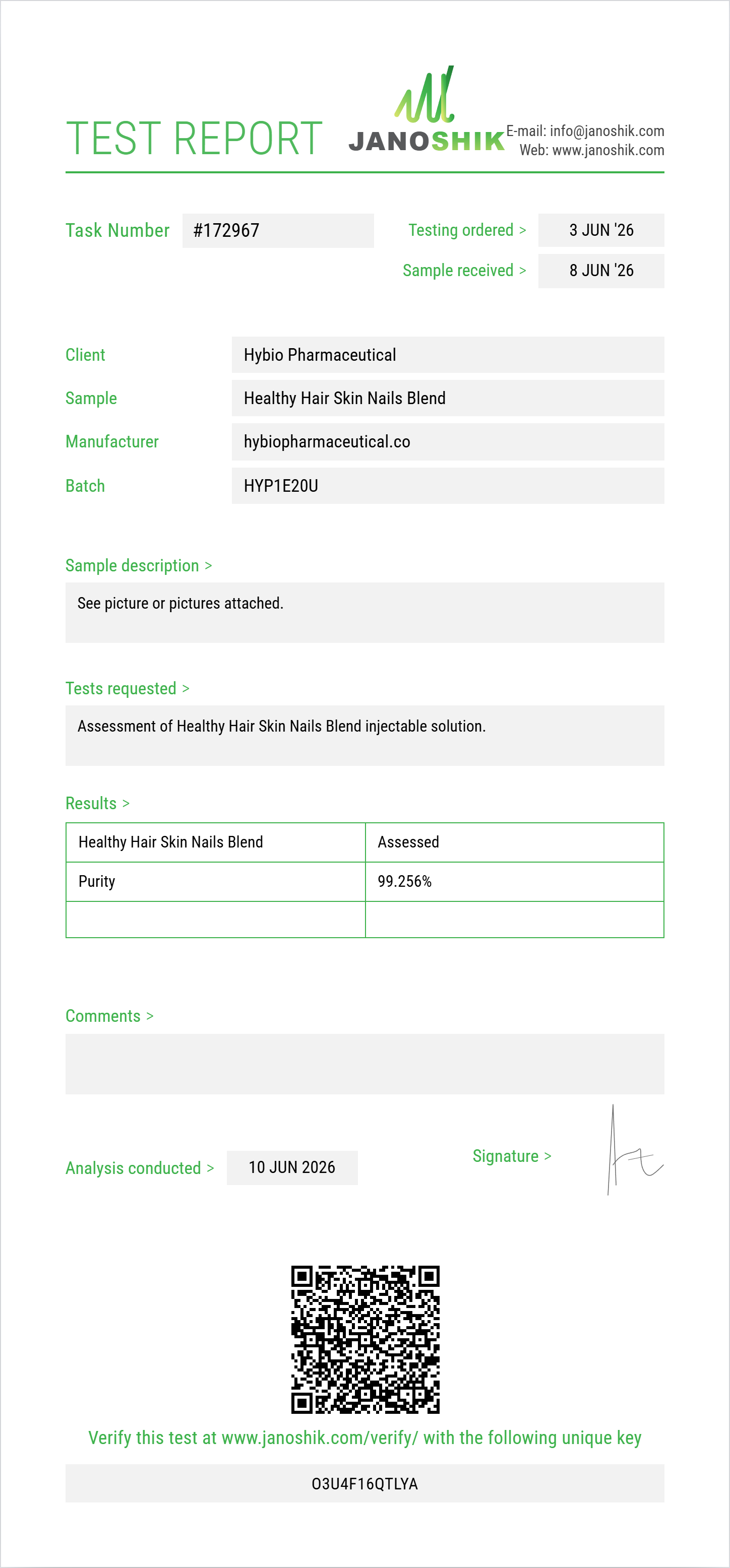 Healthy Hair Skin Nails Blend (Niacinamide+Thiamine+Pantothenic Acid+Choline+Inositol+Niacin+Biotin+Folic Acid+Riboflavin) Purity (HPLC) report by Janoshik Analytical