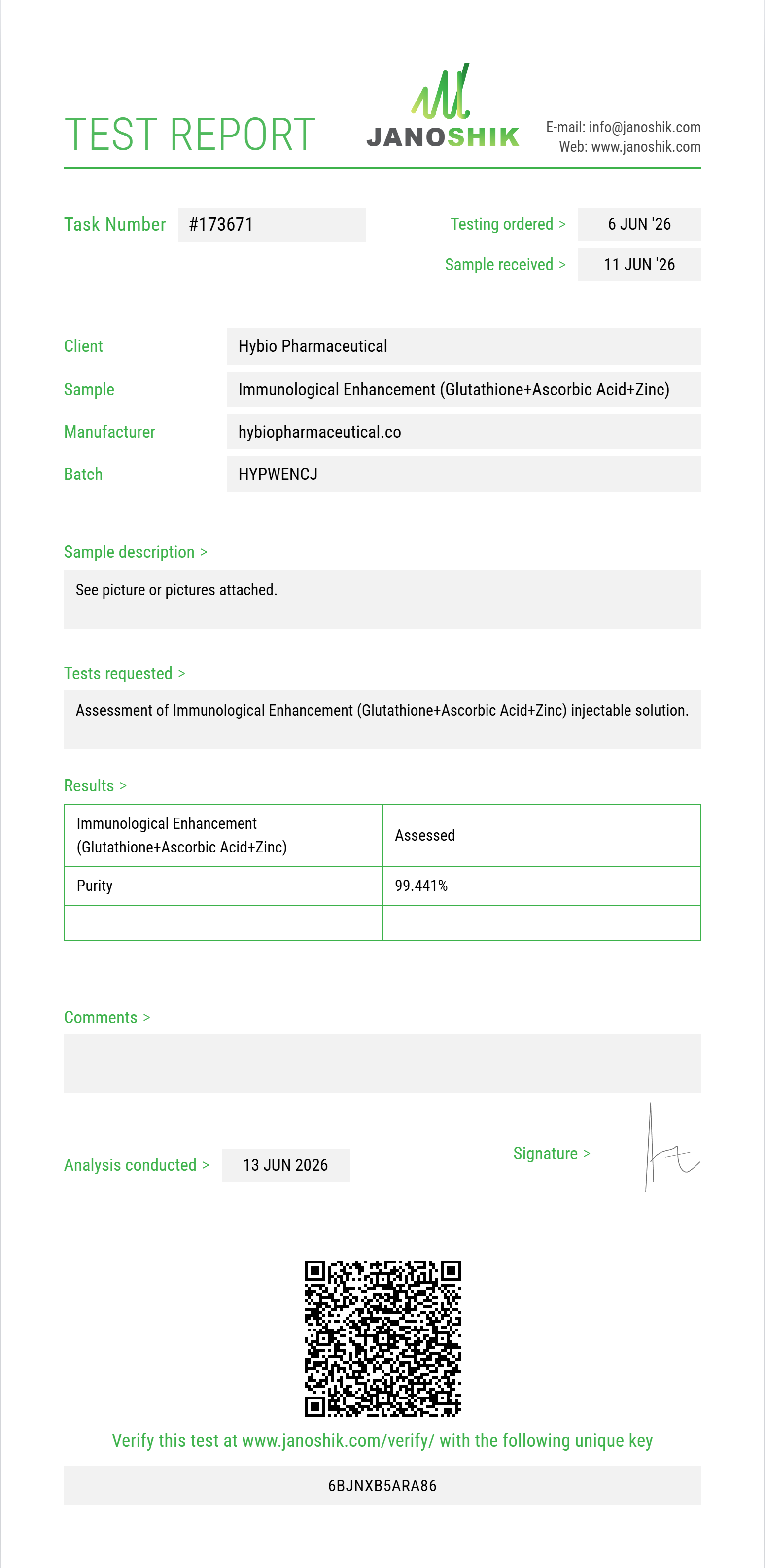 Immunological Enhancement (Glutathione 200mg+Ascorbic Acid 200mg+Zinc Sulfate 2.5mg) Purity Test Report by Janoshik
