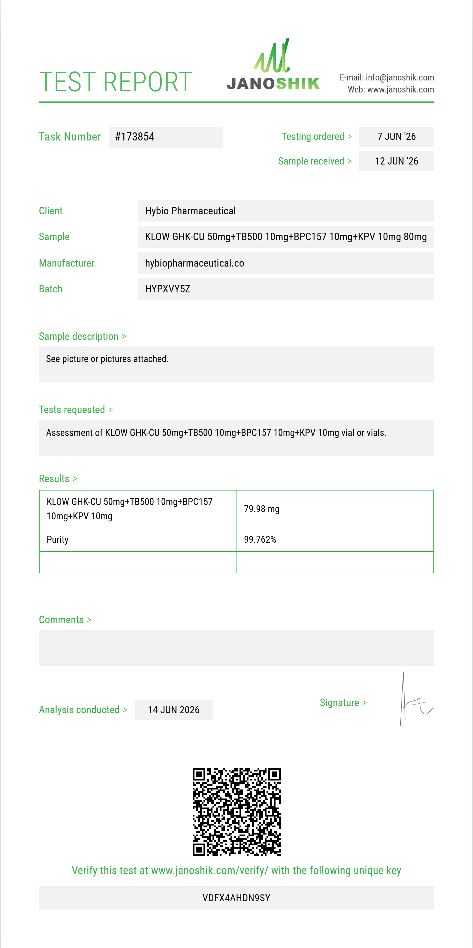 KLOW GHK-CU 50mg+TB500 10mg+BPC157 10mg+KPV 10mg Purity (HPLC) report by Janoshik Analytical