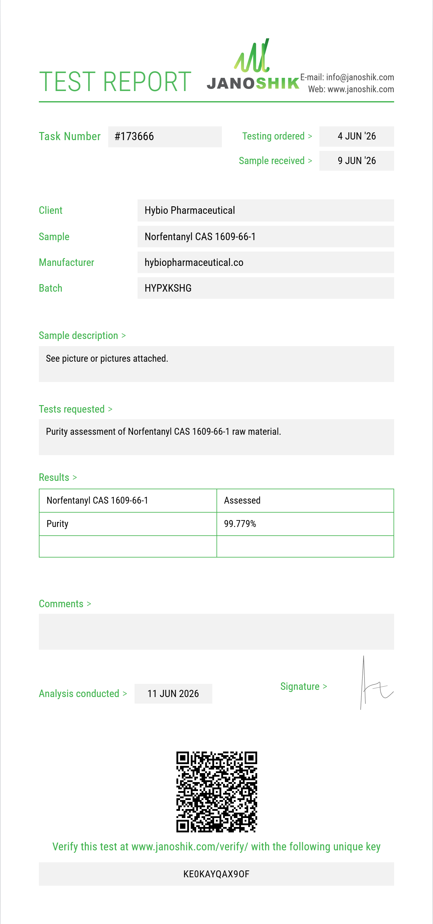 Norfentanyl CAS 1609-66-1 Purity (HPLC) report by Janoshik Analytical