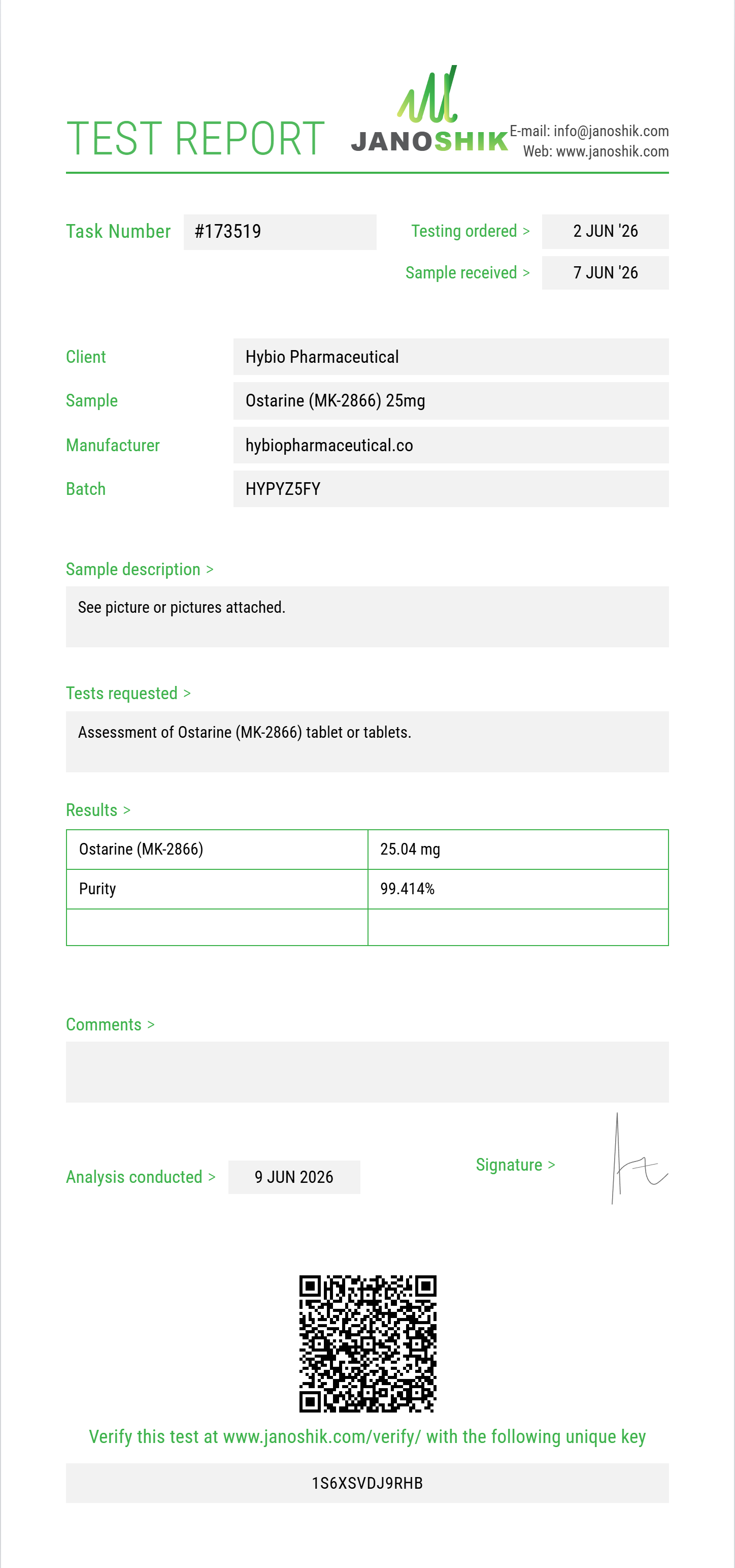Ostarine (MK-2866) Purity (HPLC) report by Janoshik Analytical