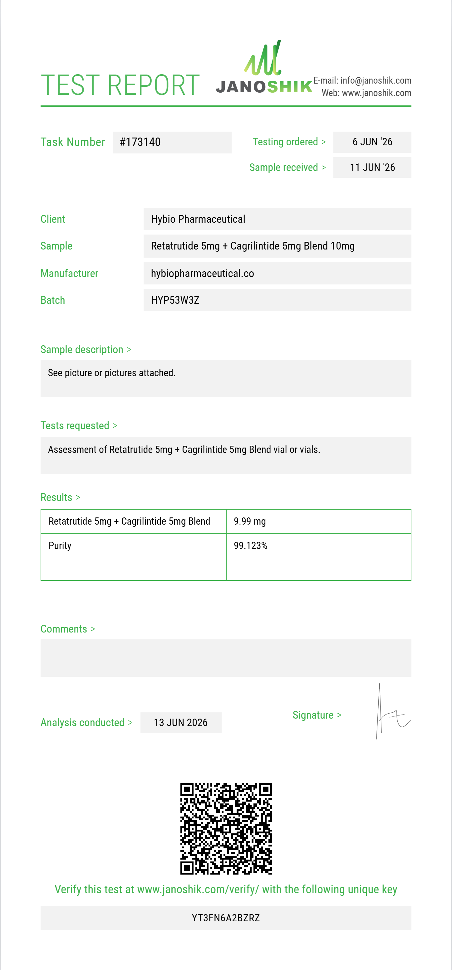 Retatrutide 5mg + Cagrilintide 5mg Blend Purity (HPLC) report by Janoshik Analytical