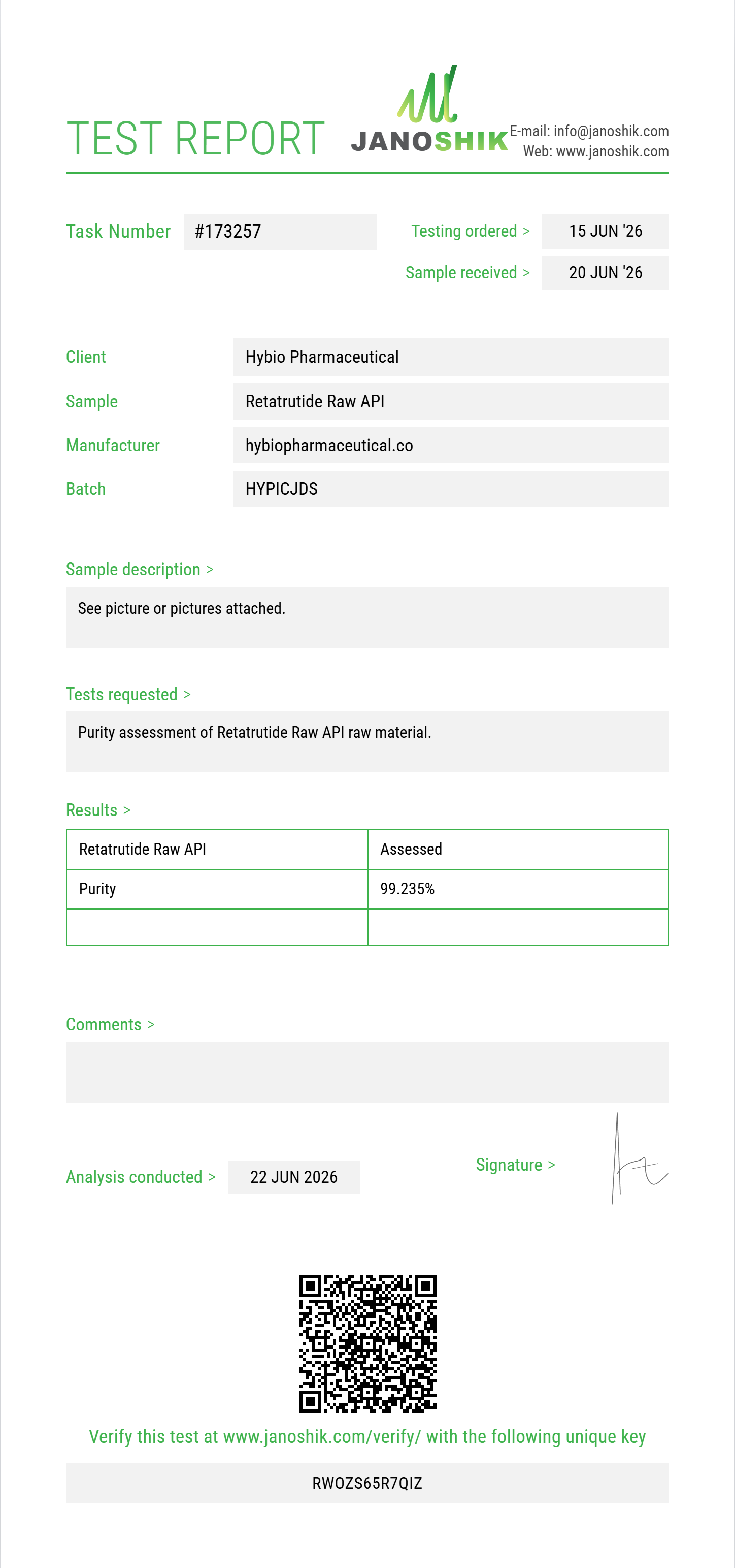 Retatrutide Raw Purity (HPLC) report by Janoshik Analytical