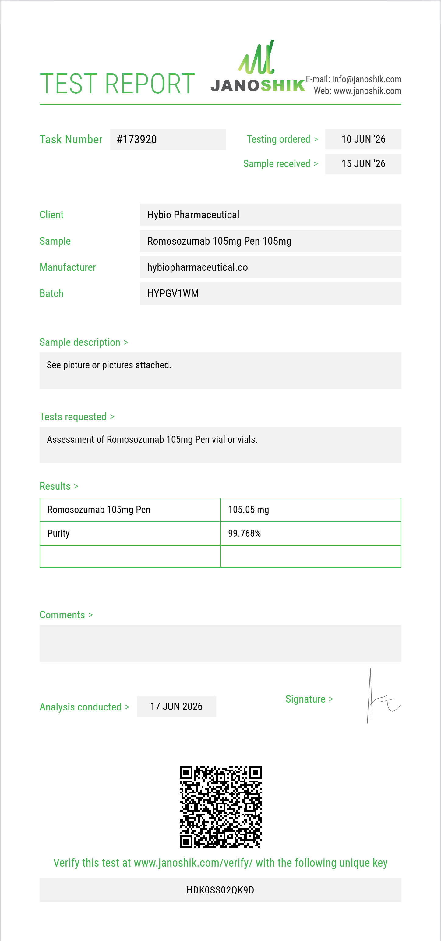 Romosozumab Purity (HPLC) report by Janoshik Analytical