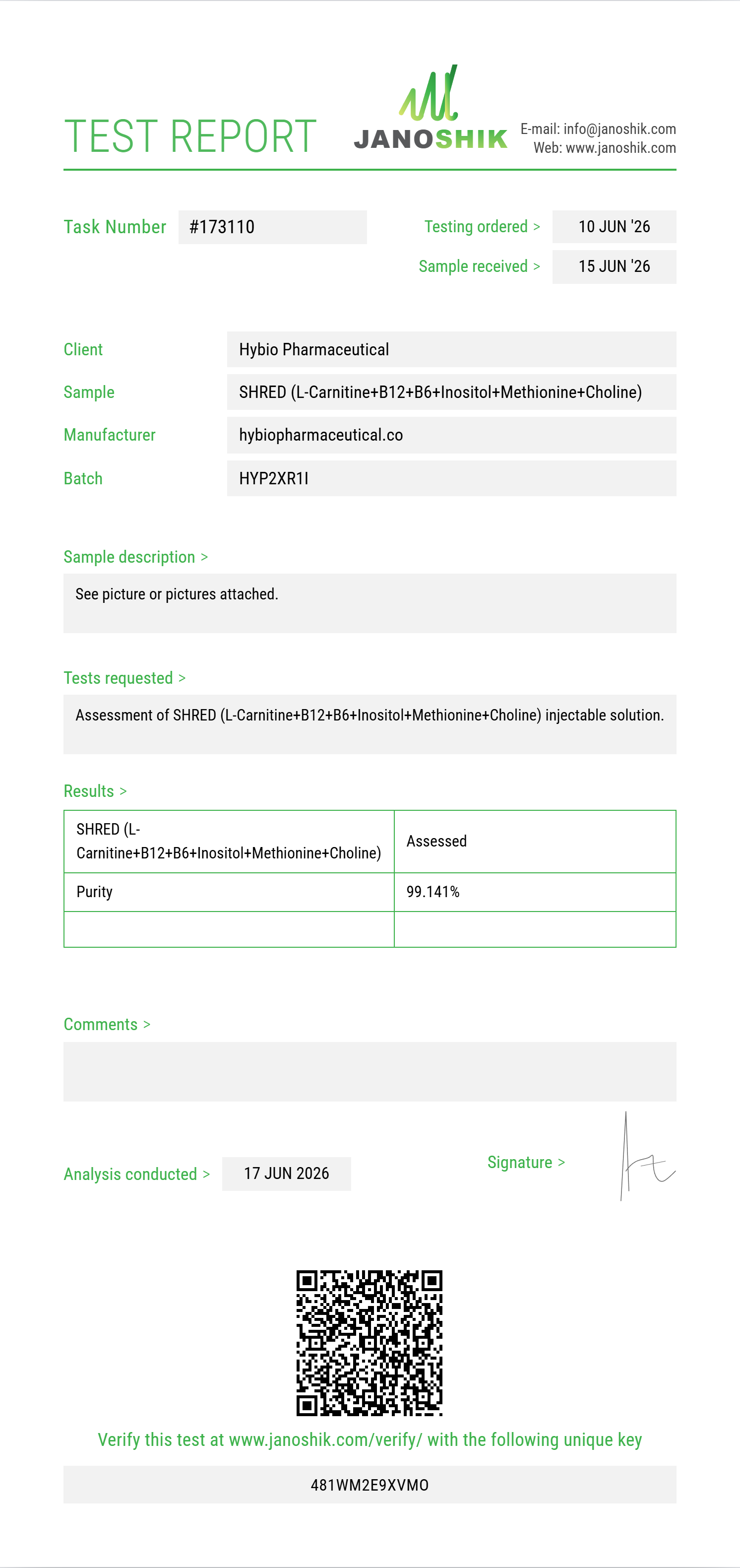SHRED (L-Carnitine 200mg+B12+B6+Inositol+Methionine+Choline) Purity Test Report by Janoshik