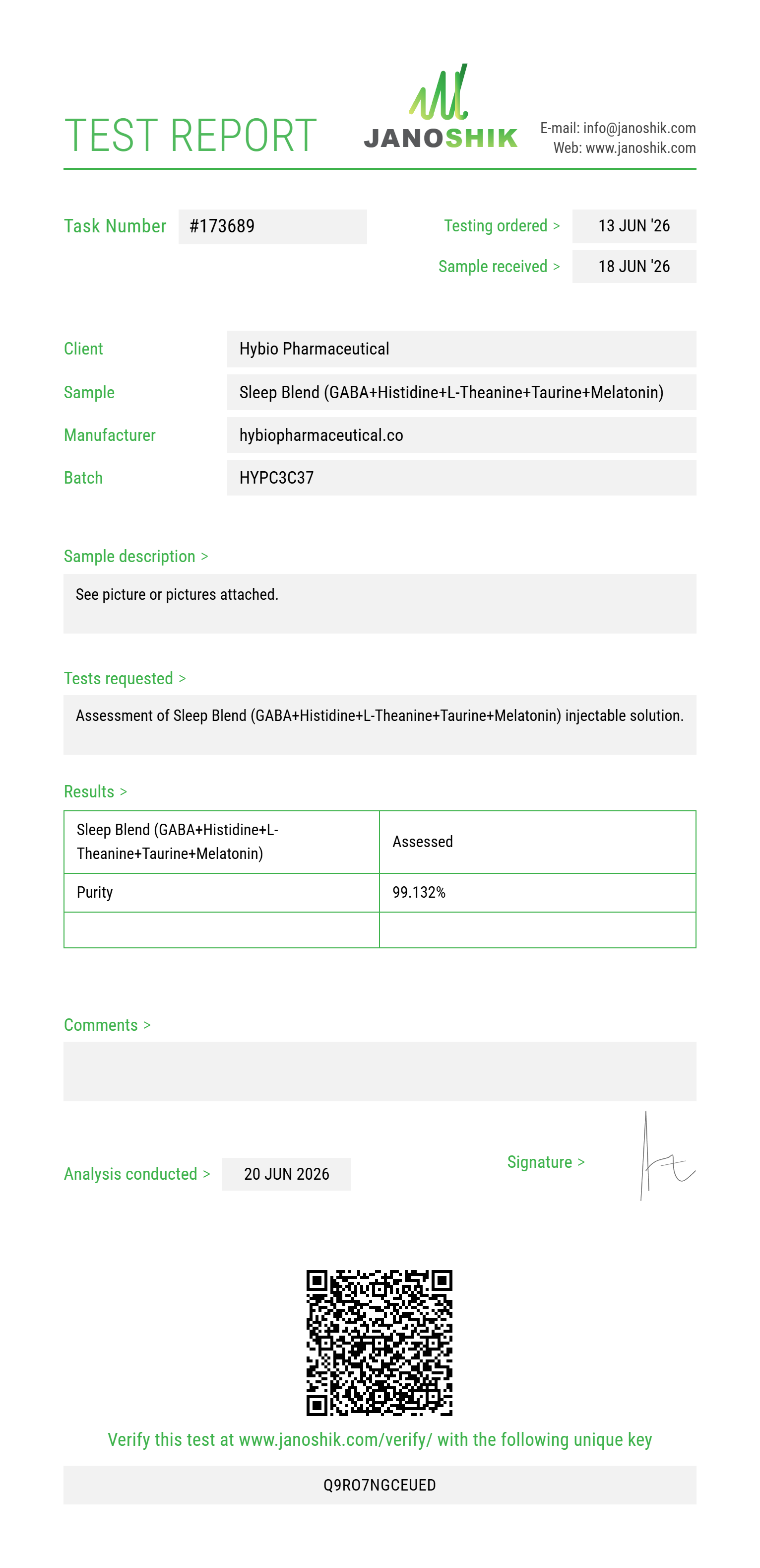 Sleep Blend (GABA 100mg+Histidine 100mg+L-Theanine 50mg+Taurine 100mg+Melatonin 2mg) Purity Test Report by Janoshik