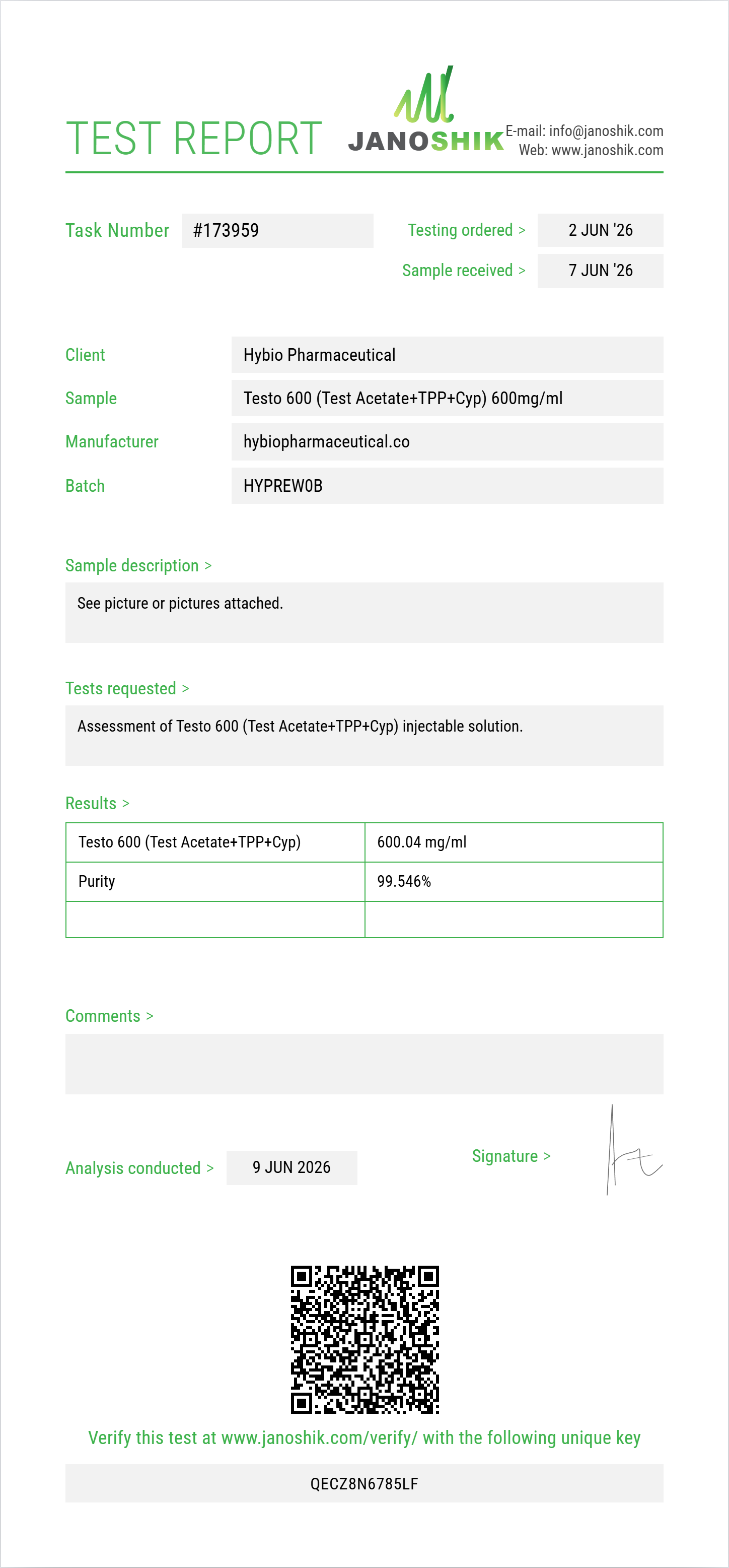 Testo 600 (Test Acetate 180mg+TPP 220mg+Cyp 200mg) Purity Test Report by Janoshik