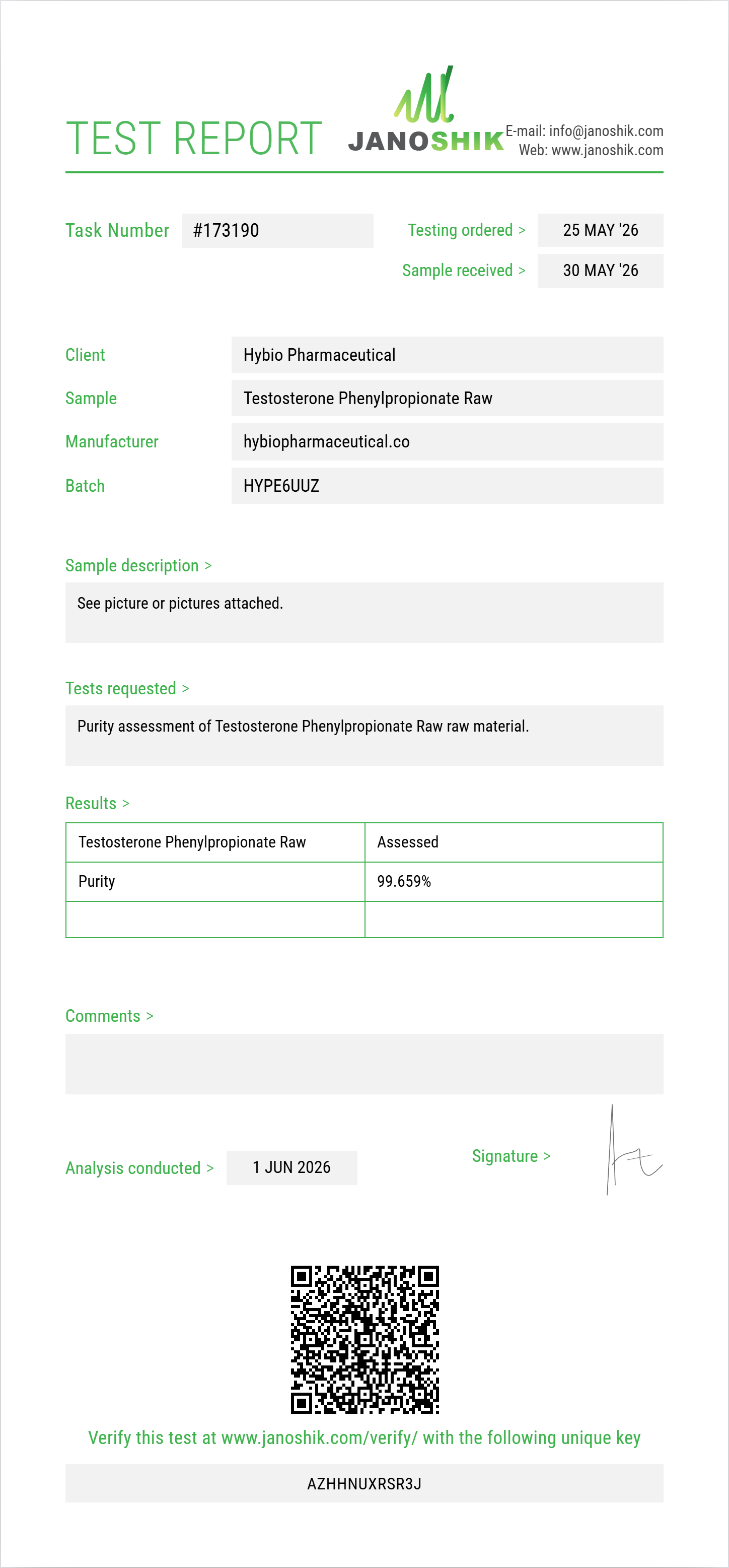 Testosterone Phenylpropionate Raw Purity (HPLC) report by Janoshik Analytical