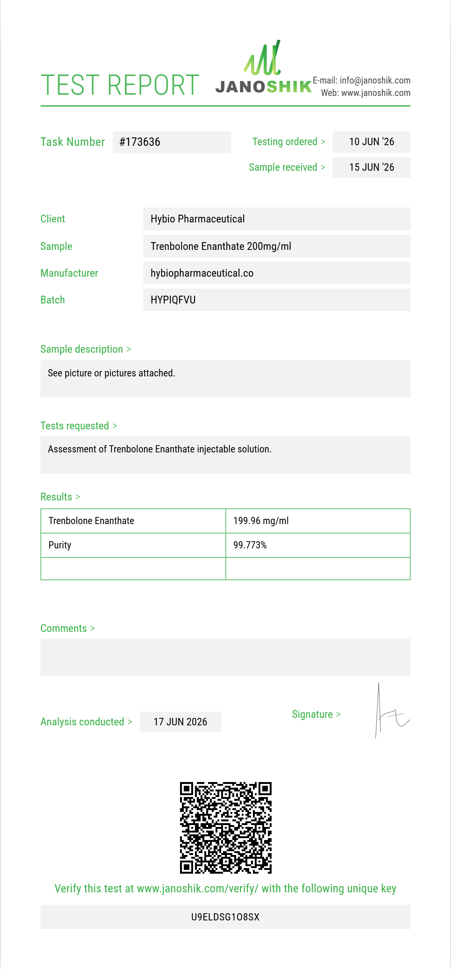 Trenbolone Enanthate Purity (HPLC) report by Janoshik Analytical