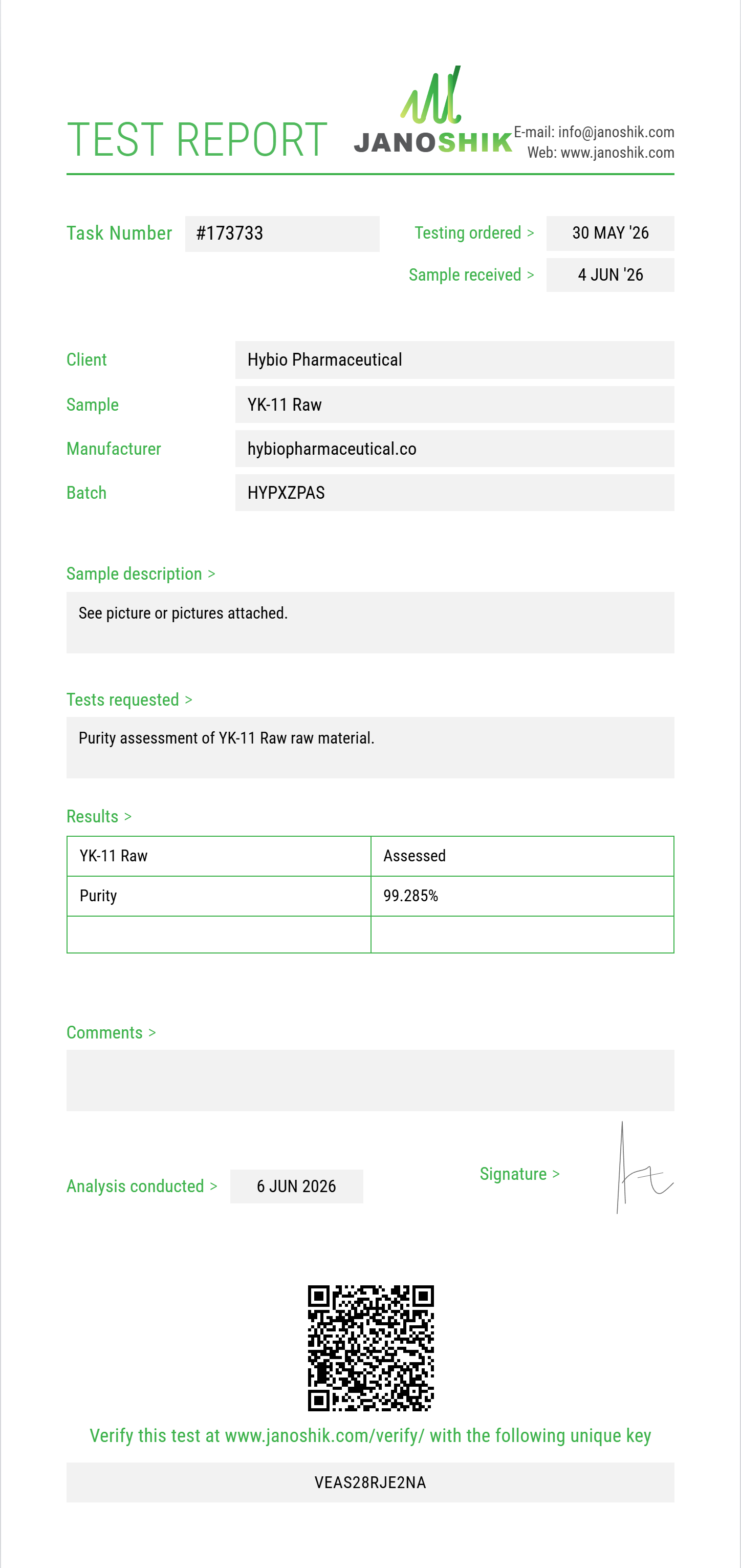 YK-11 Raw Purity (HPLC) report by Janoshik Analytical