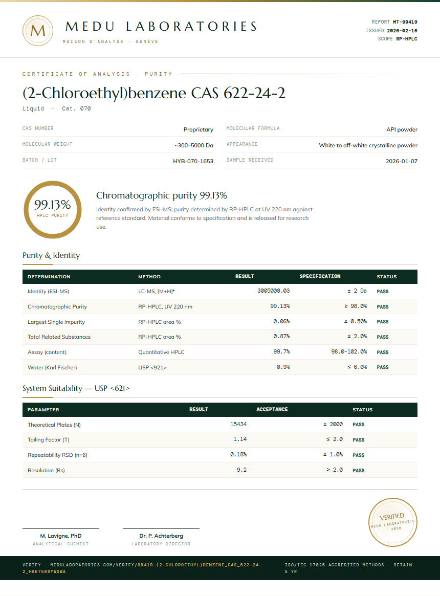(2-Chloroethyl)benzene CAS 622-24-2 Purity Test Report by Medu Laboratories