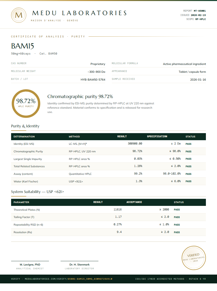 BAM15 Purity / RP-HPLC report by Medu Laboratories