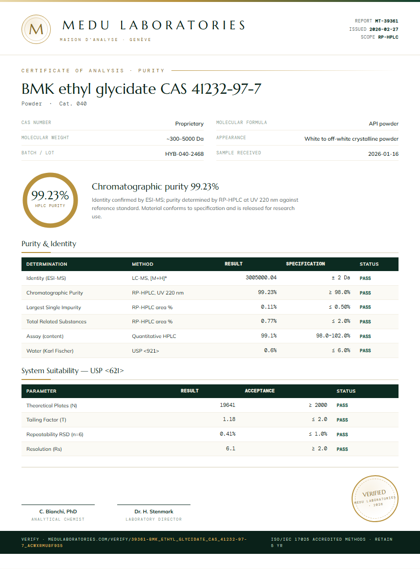 BMK ethyl glycidate CAS 41232-97-7 Purity / RP-HPLC report by Medu Laboratories