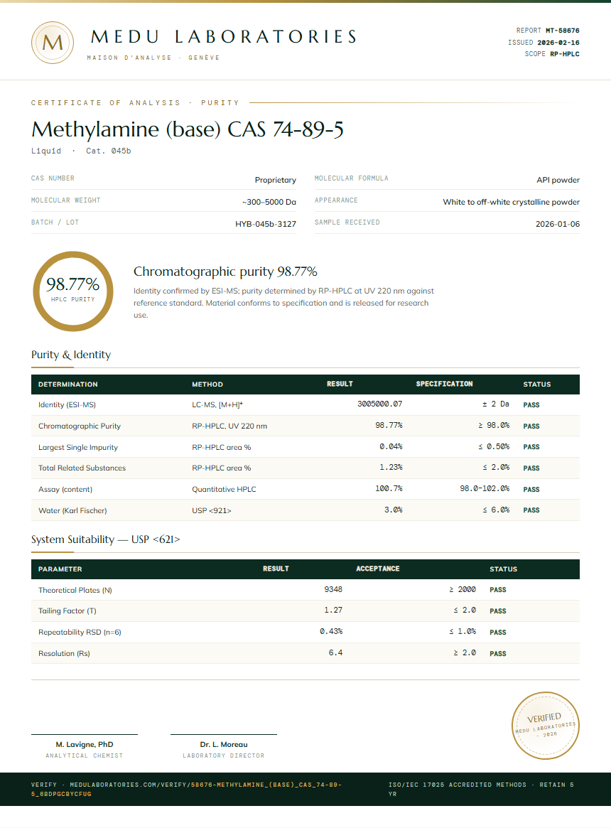 Methylamine (base) CAS 74-89-5 Purity / RP-HPLC report by Medu Laboratories