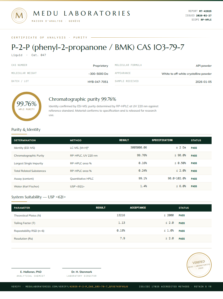 P-2-P (phenyl-2-propanone / BMK) CAS 103-79-7 Purity / RP-HPLC report by Medu Laboratories