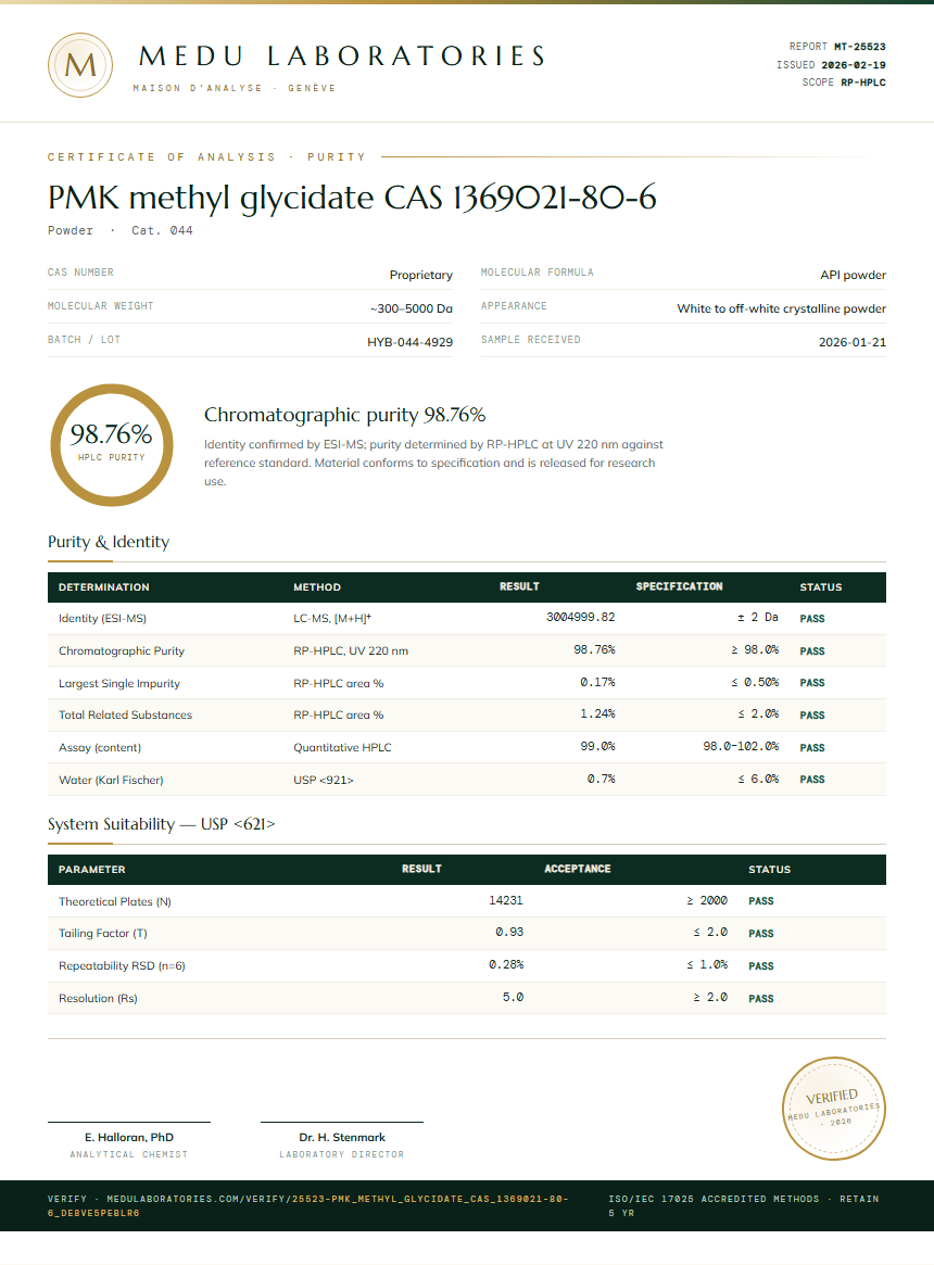 PMK methyl glycidate CAS 1369021-80-6 Purity / RP-HPLC report by Medu Laboratories