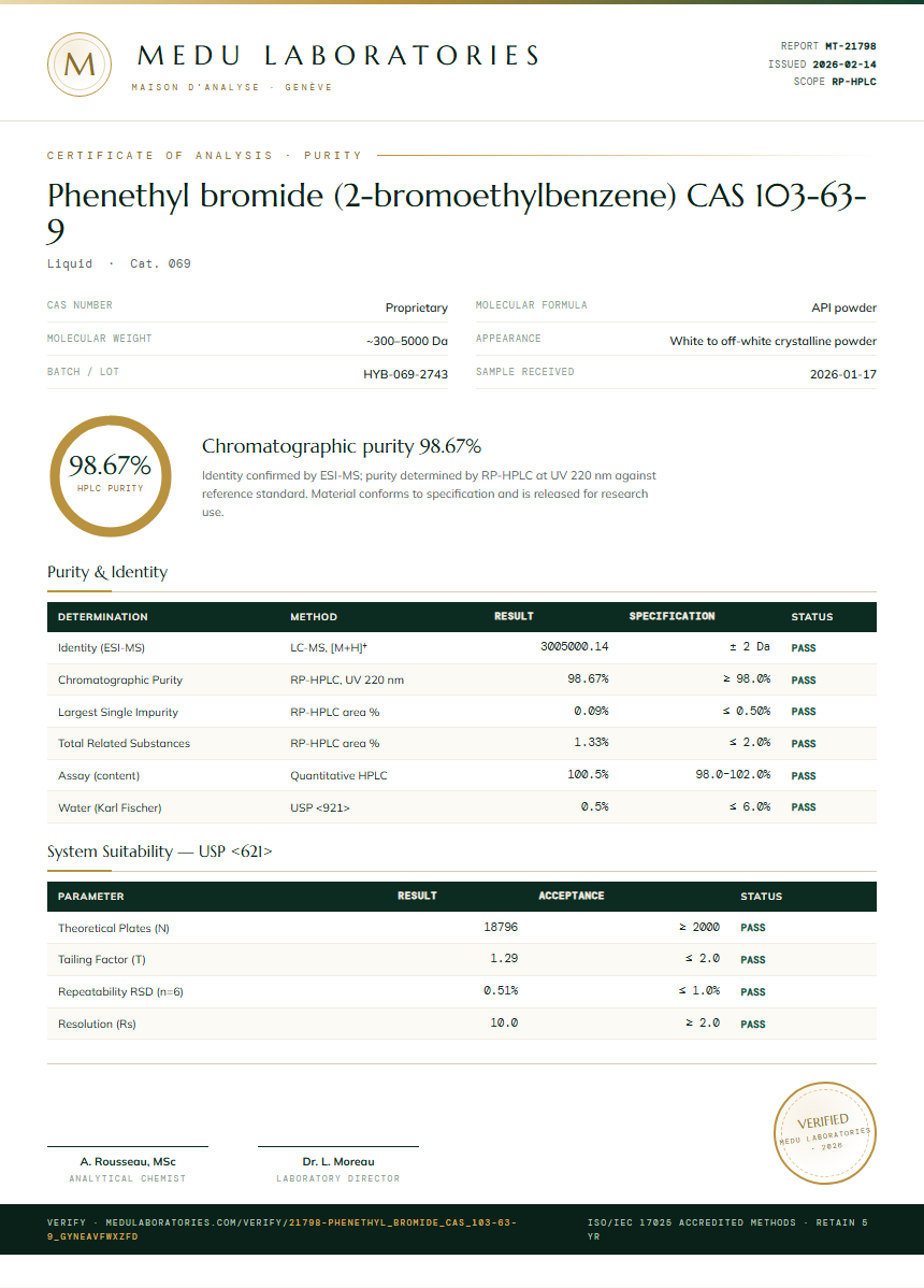 Phenethyl bromide (2-bromoethylbenzene) CAS 103-63-9 Purity / RP-HPLC report by Medu Laboratories