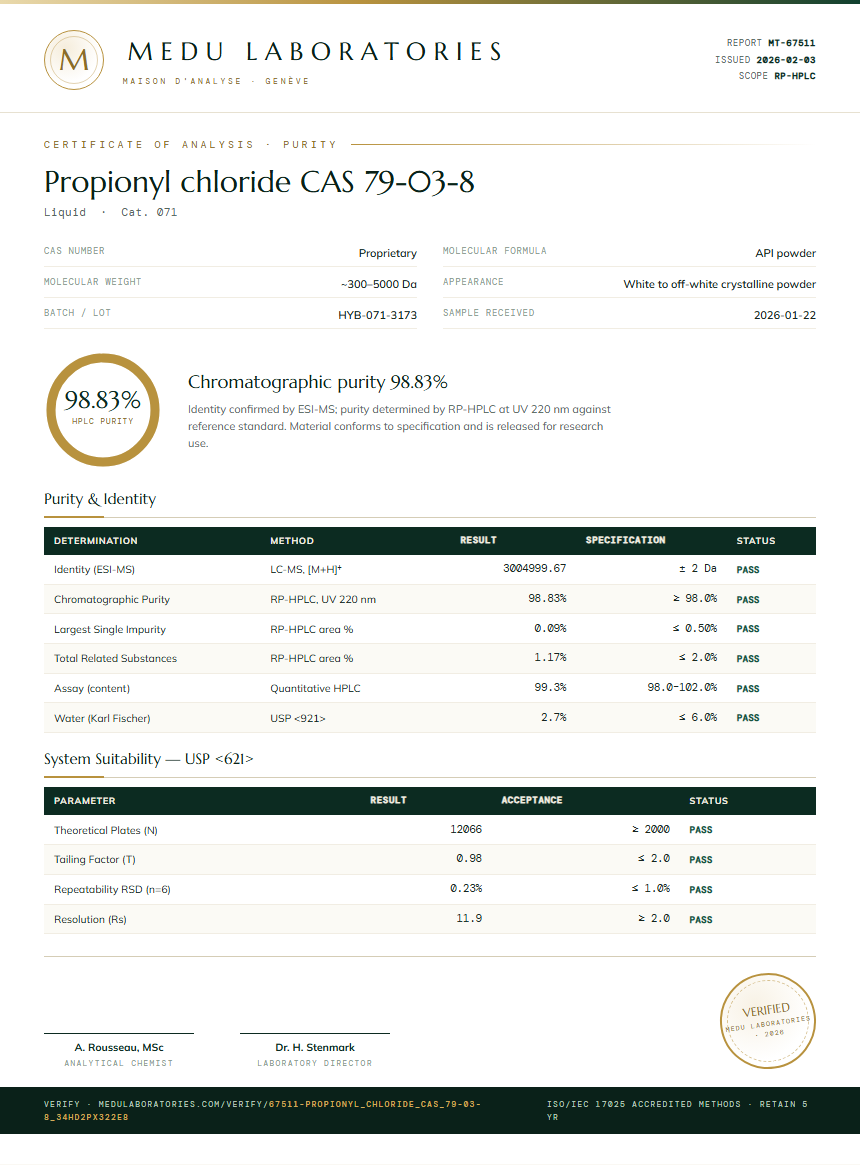 Propionyl chloride CAS 79-03-8 Purity / RP-HPLC report by Medu Laboratories