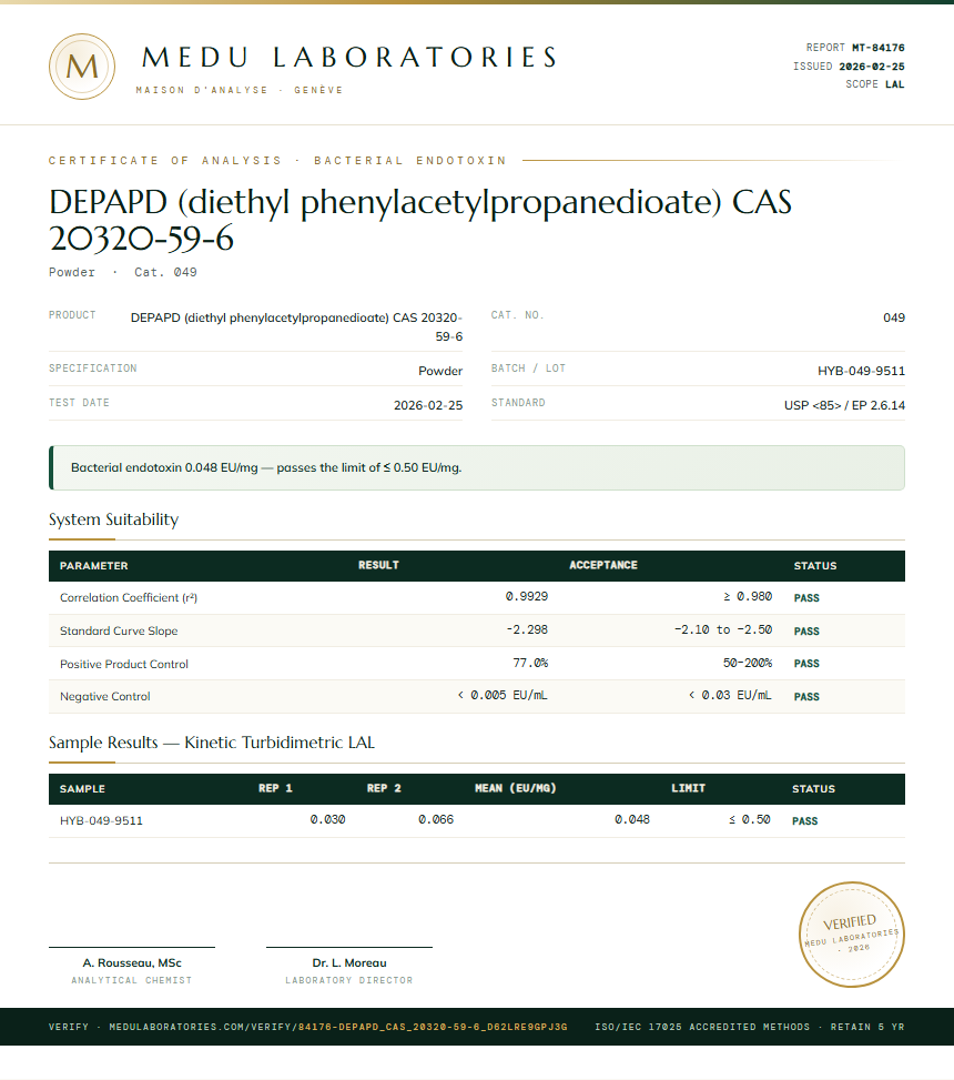 DEPAPD (diethyl phenylacetylpropanedioate) CAS 20320-59-6 Endotoxin report by Medu Laboratories