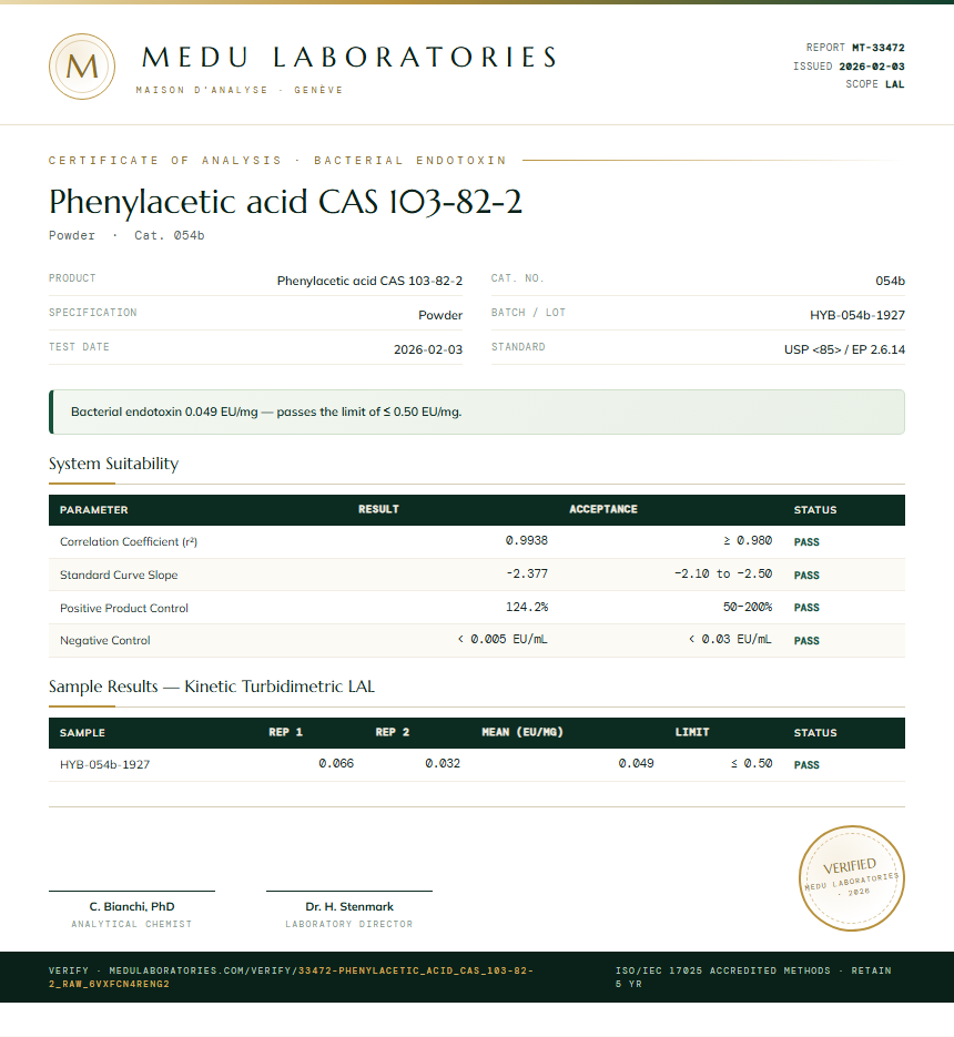Phenylacetic acid CAS 103-82-2 Endotoxin report by Medu Laboratories