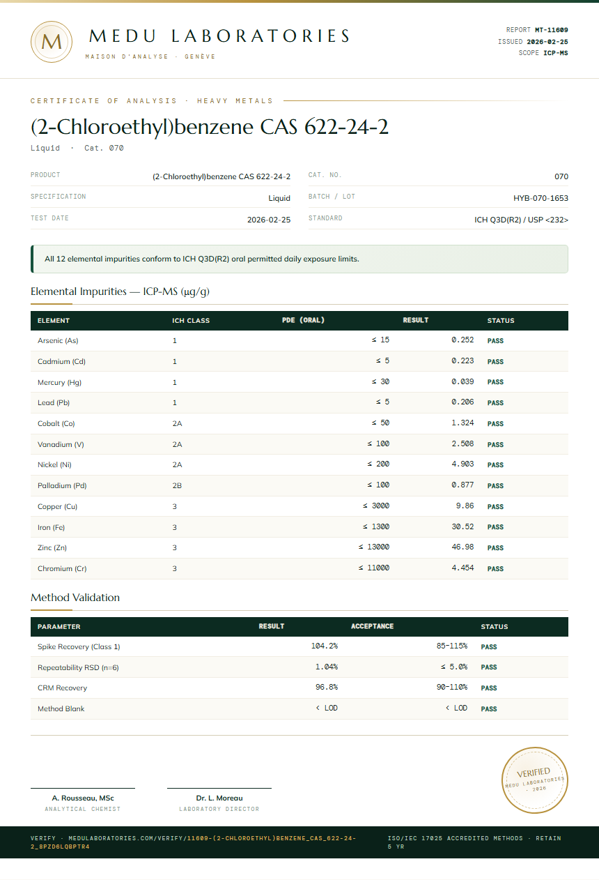 (2-Chloroethyl)benzene CAS 622-24-2 Heavy Metals report by Medu Laboratories
