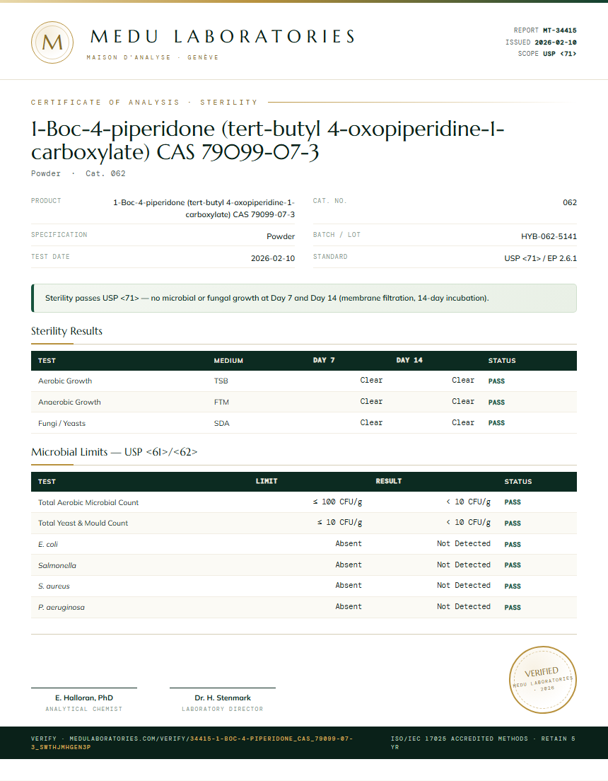 1-Boc-4-piperidone (tert-butyl 4-oxopiperidine-1-carboxylate) CAS 79099-07-3 Sterility report by Medu Laboratories