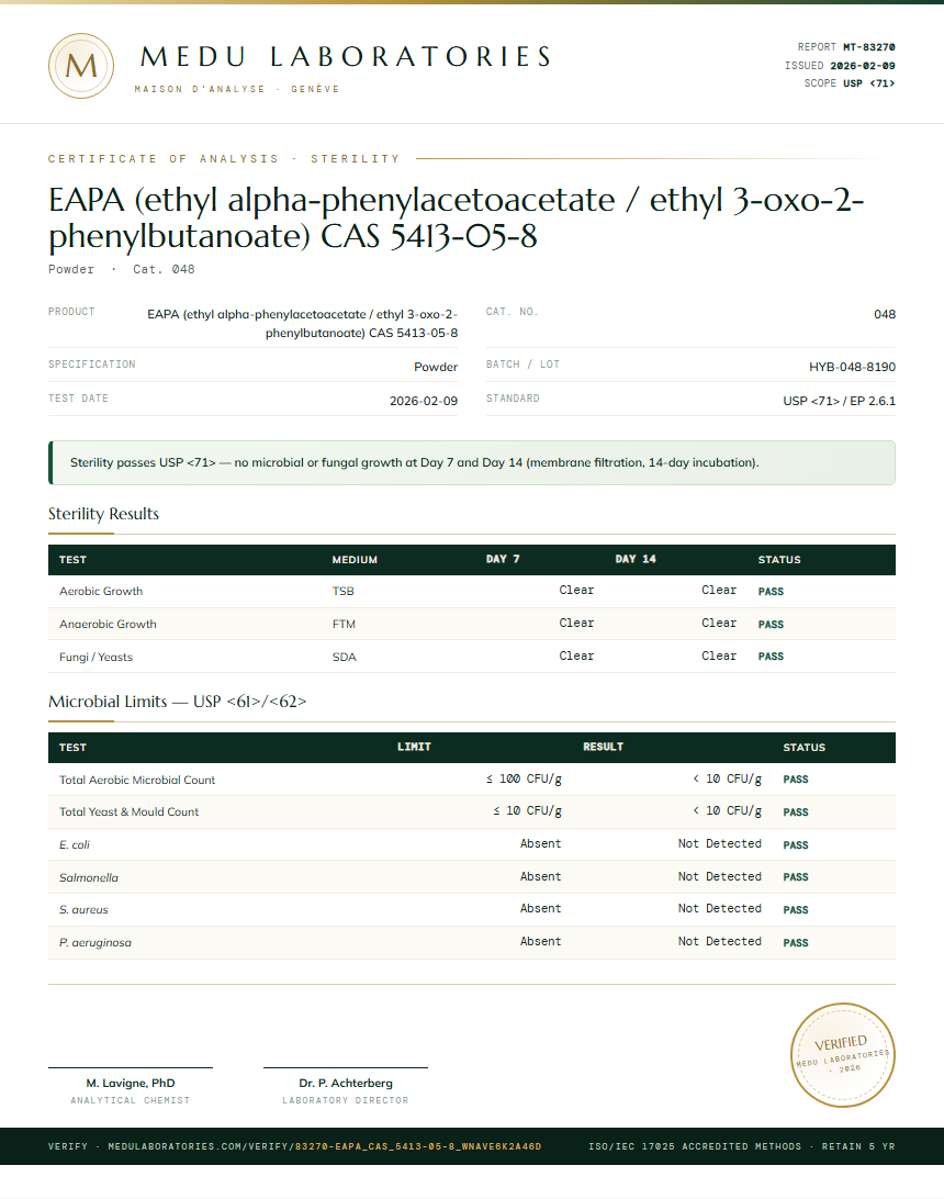 EAPA (ethyl alpha-phenylacetoacetate / ethyl 3-oxo-2-phenylbutanoate) CAS 5413-05-8 Sterility report by Medu Laboratories