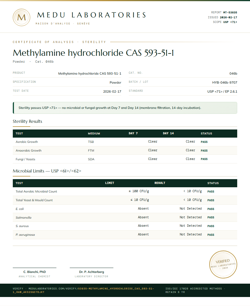 Methylamine hydrochloride CAS 593-51-1 Sterility report by Medu Laboratories