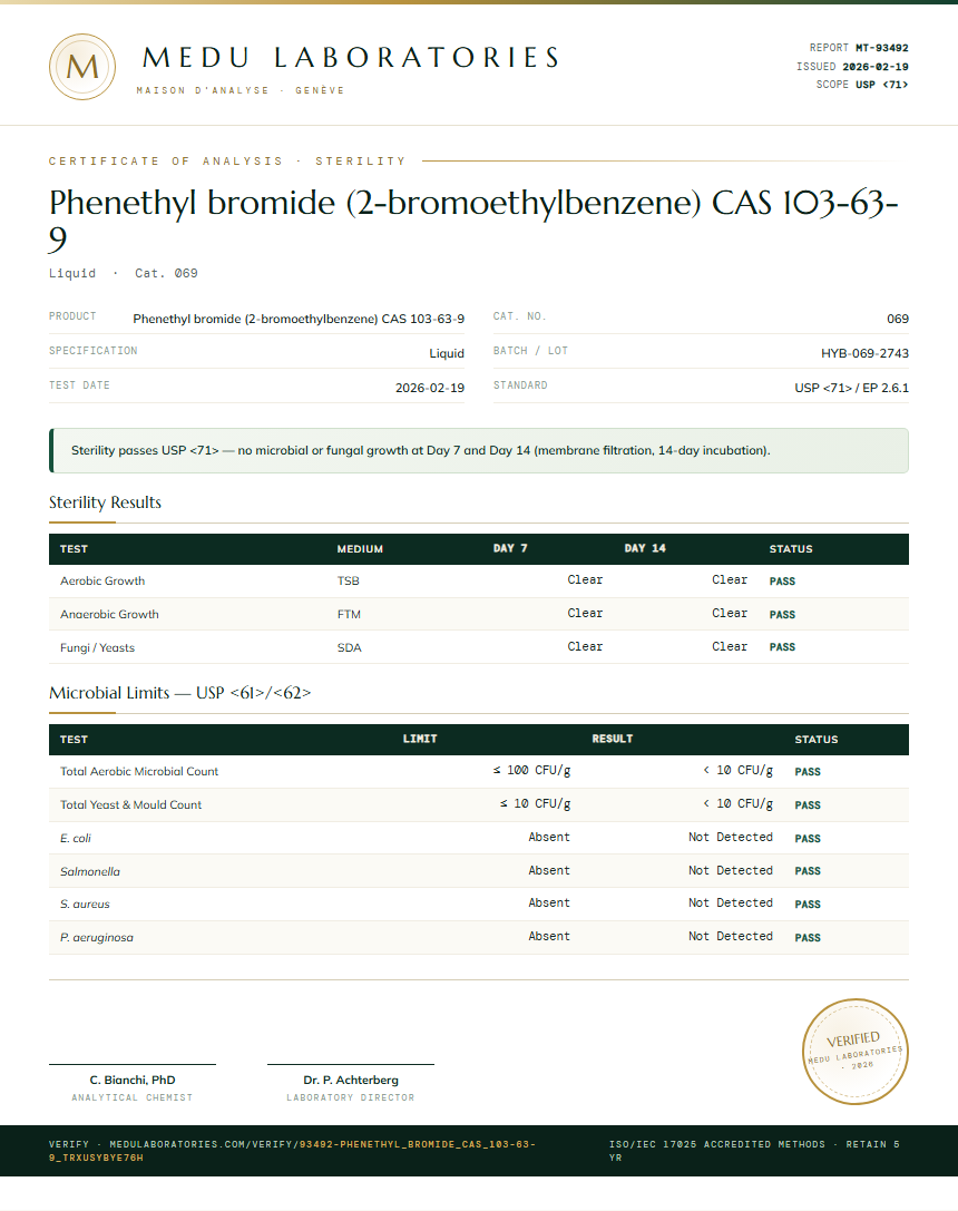 Phenethyl bromide (2-bromoethylbenzene) CAS 103-63-9 Sterility report by Medu Laboratories