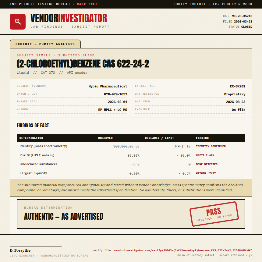 (2-Chloroethyl)benzene CAS 622-24-2 Purity (HPLC) report by VendorInvestigator