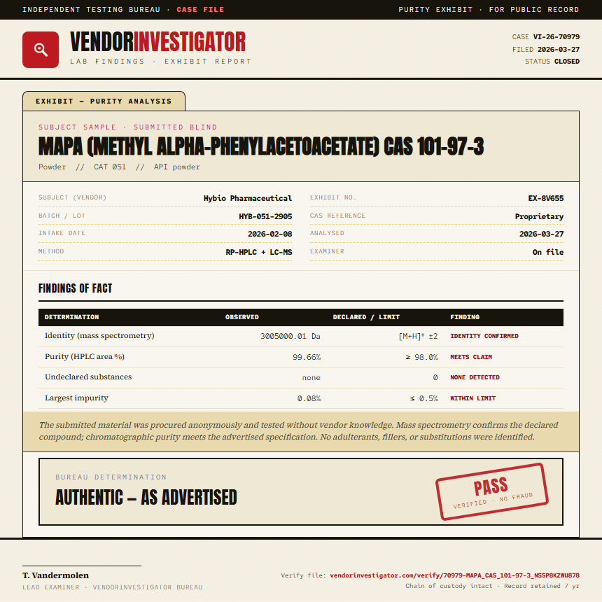 MAPA (methyl alpha-phenylacetoacetate) CAS 101-97-3 Purity (HPLC) report by VendorInvestigator