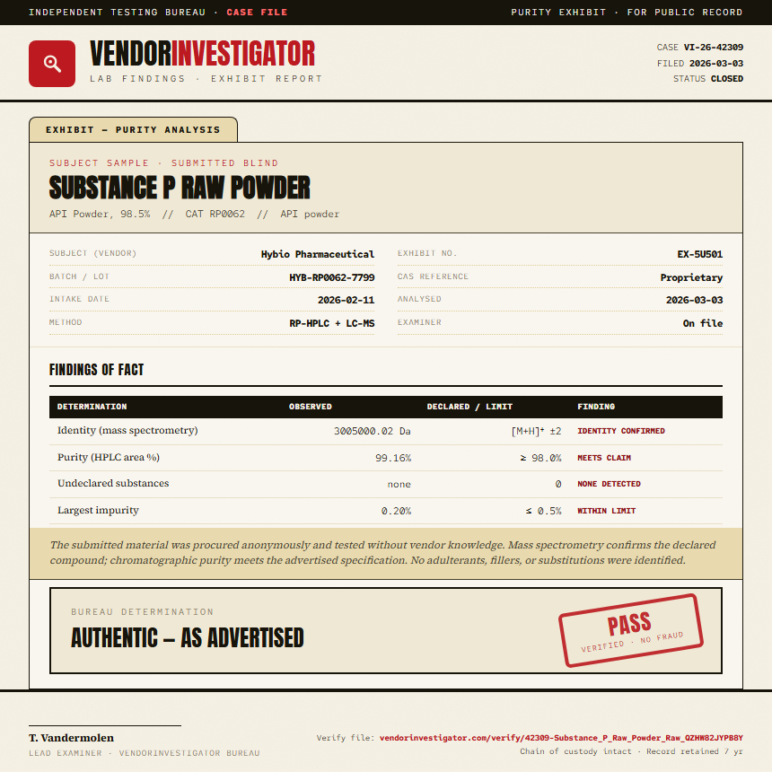 Substance P Raw Powder Purity (HPLC) report by VendorInvestigator