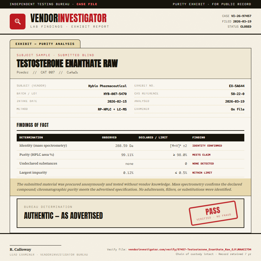 Testosterone Enanthate Raw Purity (HPLC) report by VendorInvestigator