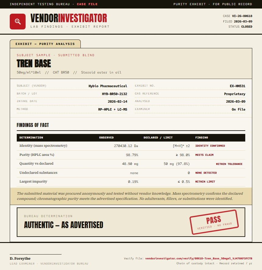 Tren Base Purity (HPLC) report by VendorInvestigator