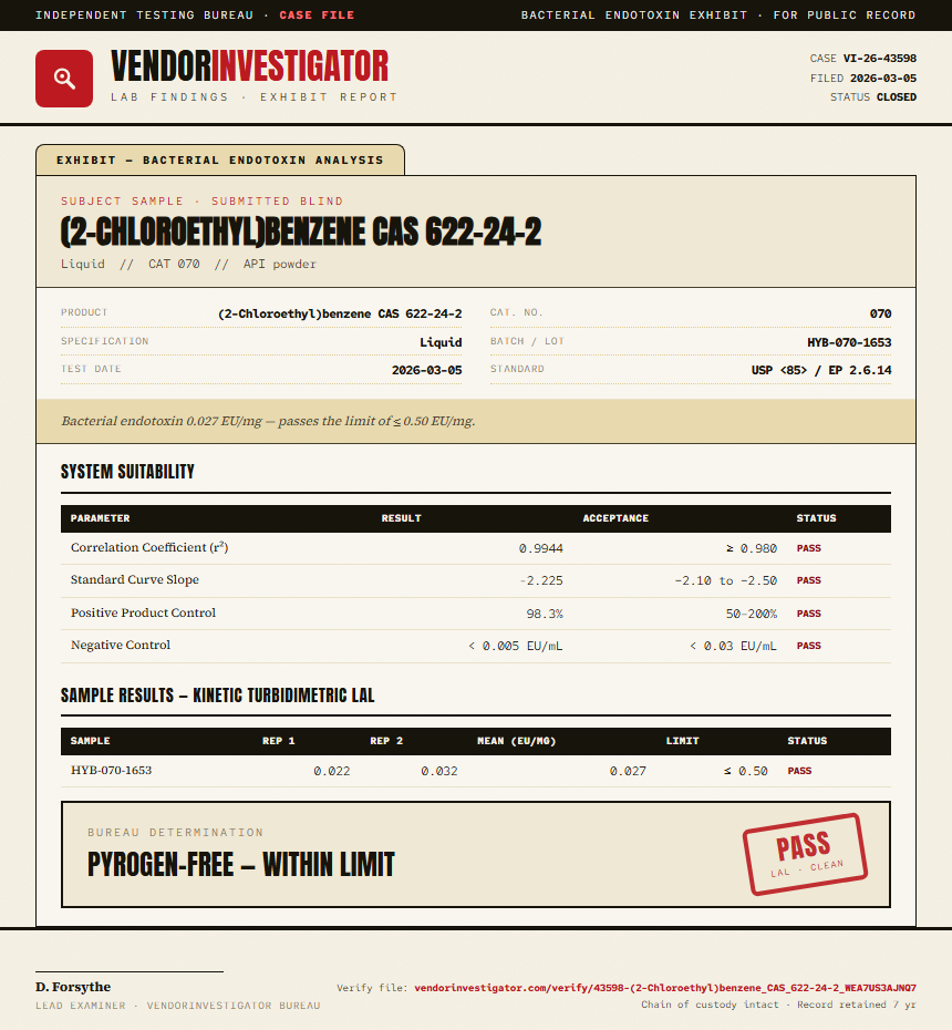 (2-Chloroethyl)benzene CAS 622-24-2 Endotoxin report by VendorInvestigator