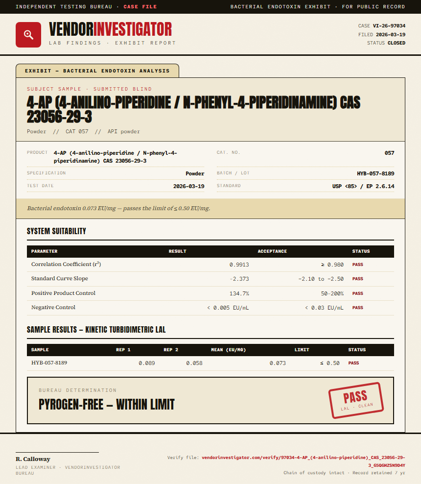 4-AP (4-anilino-piperidine / N-phenyl-4-piperidinamine) CAS 23056-29-3 Endotoxin report by VendorInvestigator