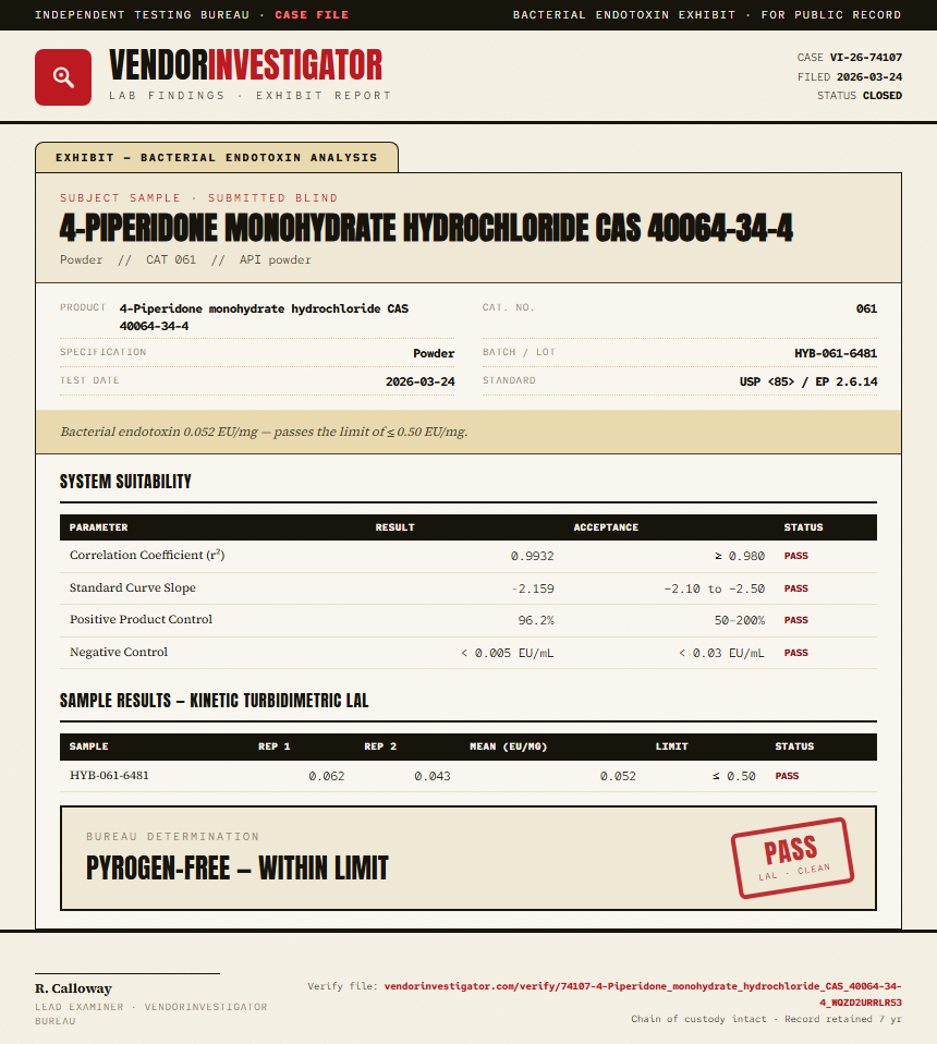 4-Piperidone monohydrate hydrochloride CAS 40064-34-4 Endotoxin report by VendorInvestigator