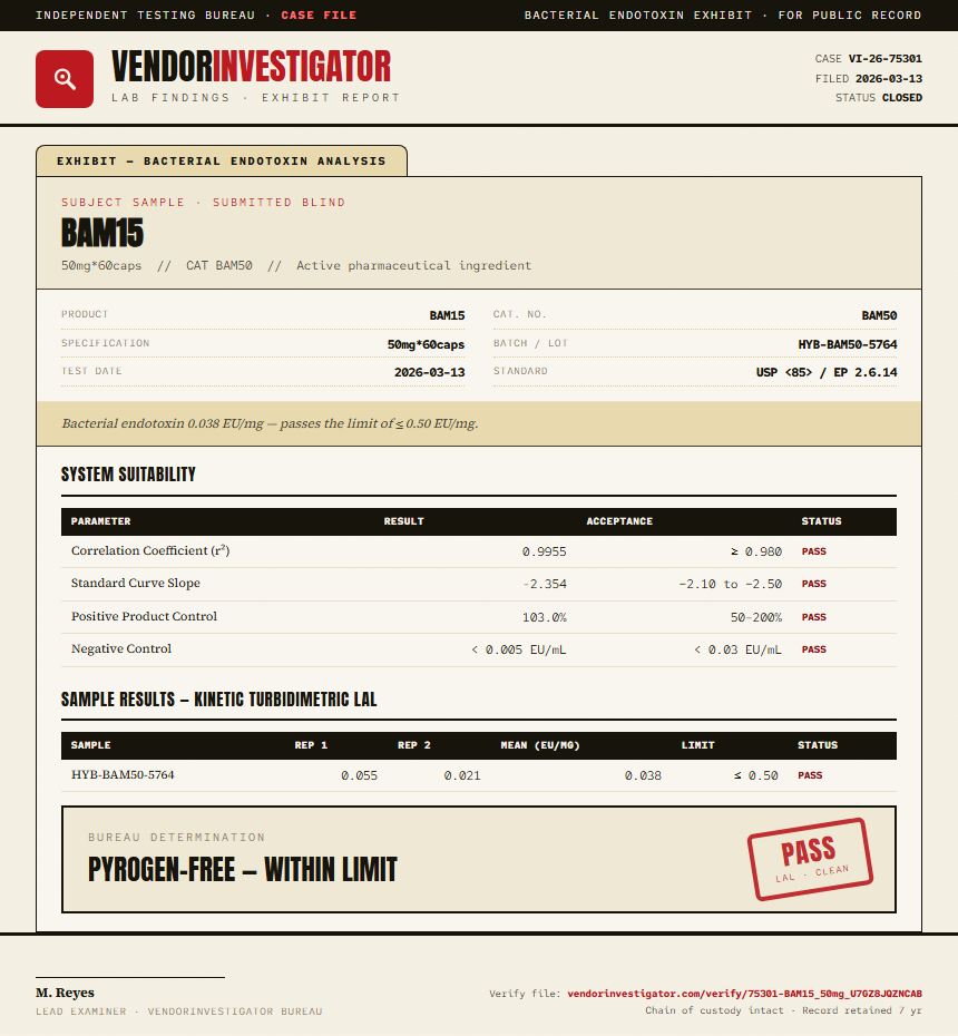 BAM15 Endotoxin report by VendorInvestigator