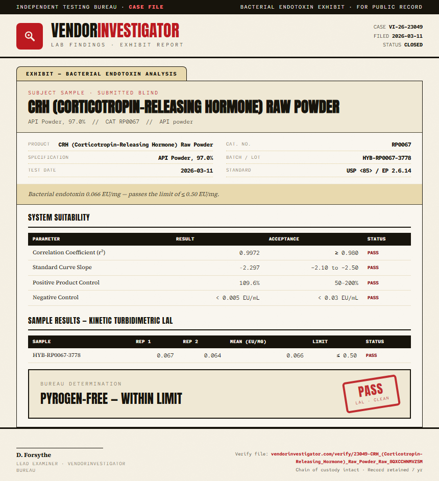 CRH (Corticotropin-Releasing Hormone) Raw Powder Endotoxin report by VendorInvestigator