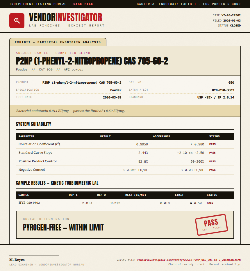 P2NP (1-phenyl-2-nitropropene) CAS 705-60-2 Endotoxin report by VendorInvestigator