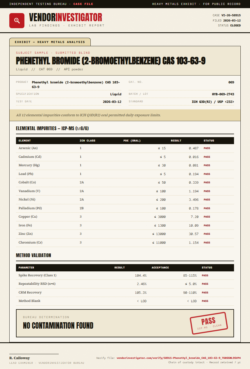 Phenethyl bromide (2-bromoethylbenzene) CAS 103-63-9 Heavy Metals report by VendorInvestigator