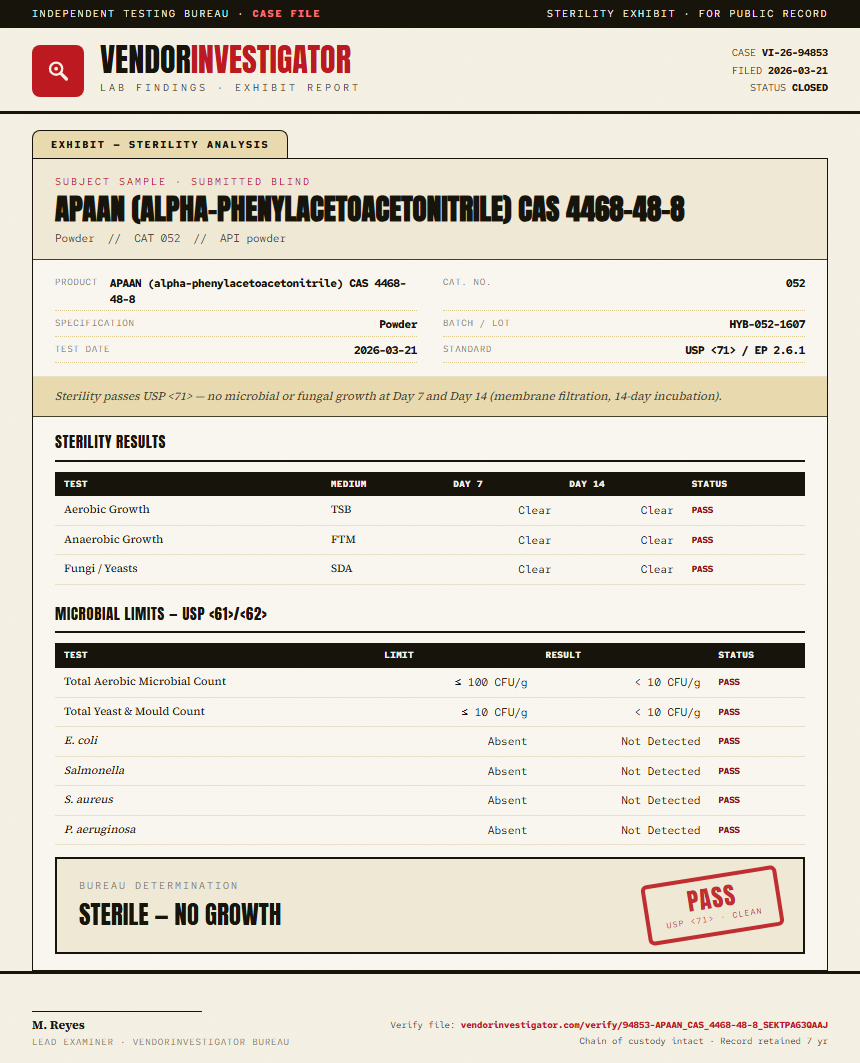 APAAN (alpha-phenylacetoacetonitrile) CAS 4468-48-8 Sterility report by VendorInvestigator