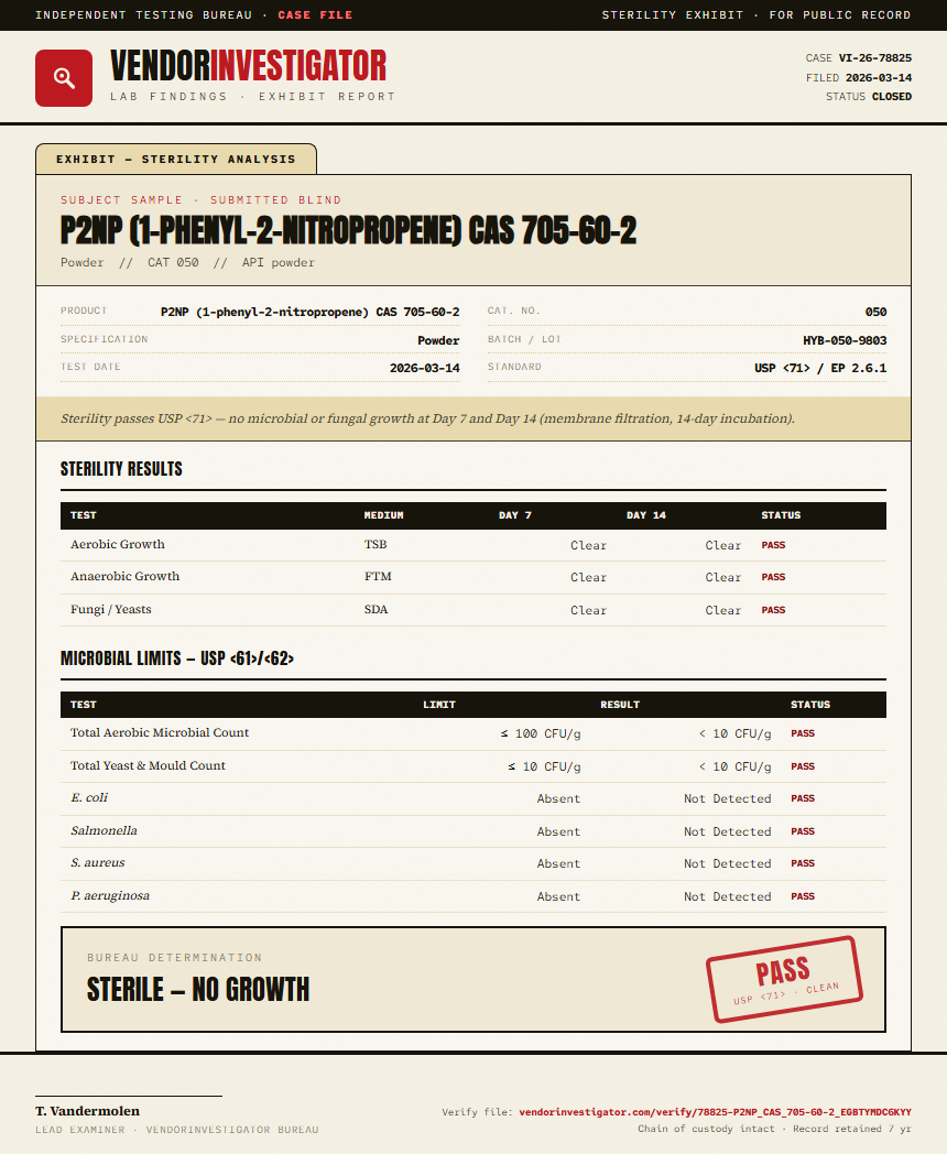 P2NP (1-phenyl-2-nitropropene) CAS 705-60-2 Sterility report by VendorInvestigator